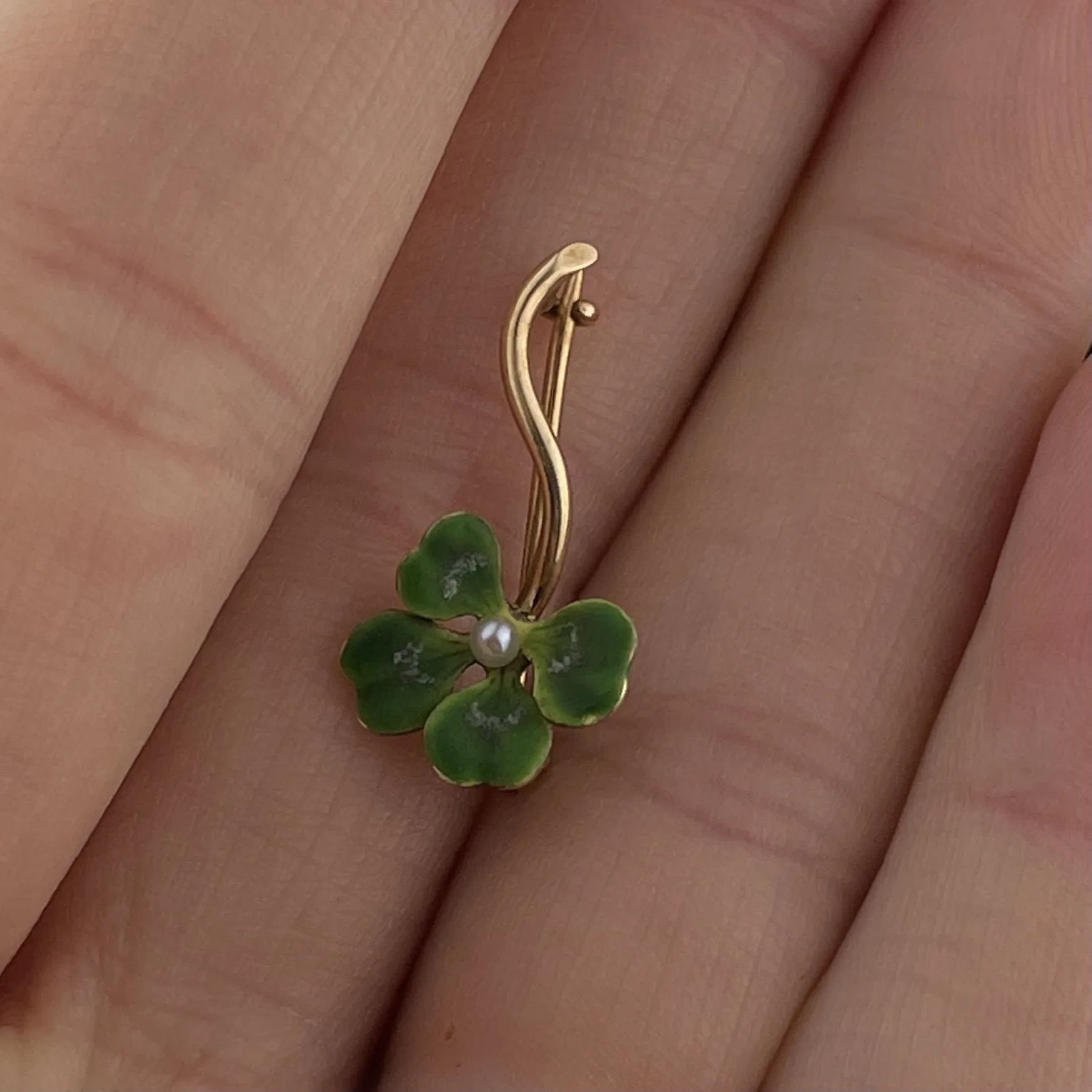 Art Nouveau 14K Gold Pearl Shamrock Enamel Brooch