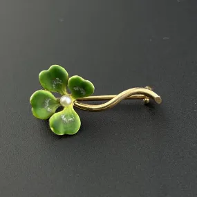 Art Nouveau 14K Gold Pearl Shamrock Enamel Brooch