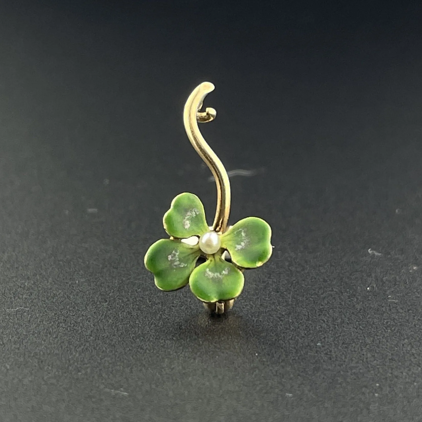 Art Nouveau 14K Gold Pearl Shamrock Enamel Brooch