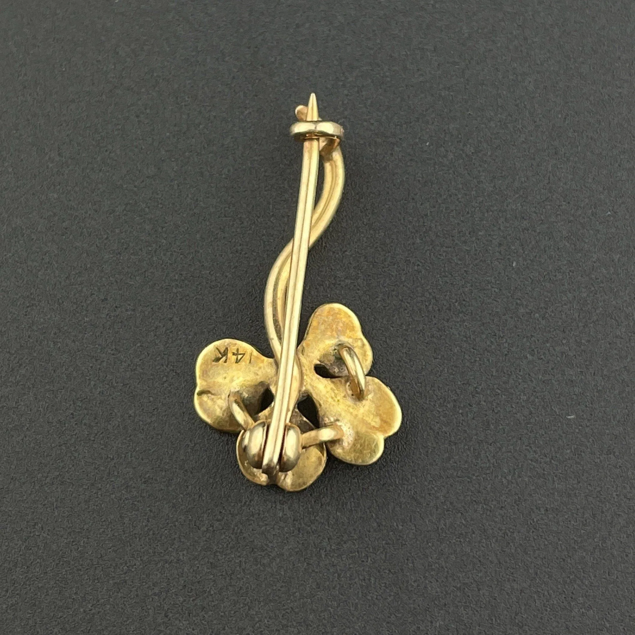 Art Nouveau 14K Gold Pearl Shamrock Enamel Brooch