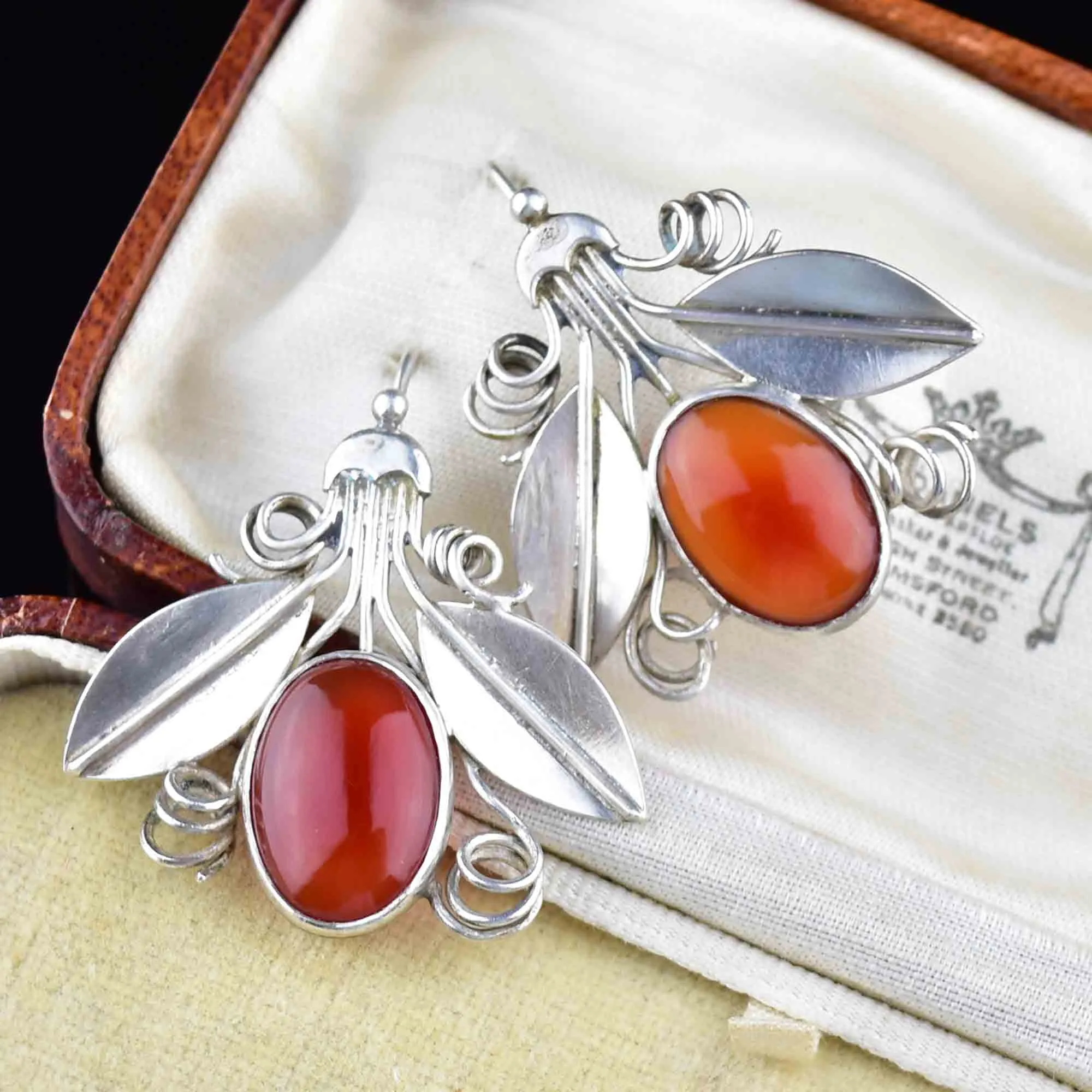 Arts and Crafts Silver Carnelian Bug Earrings