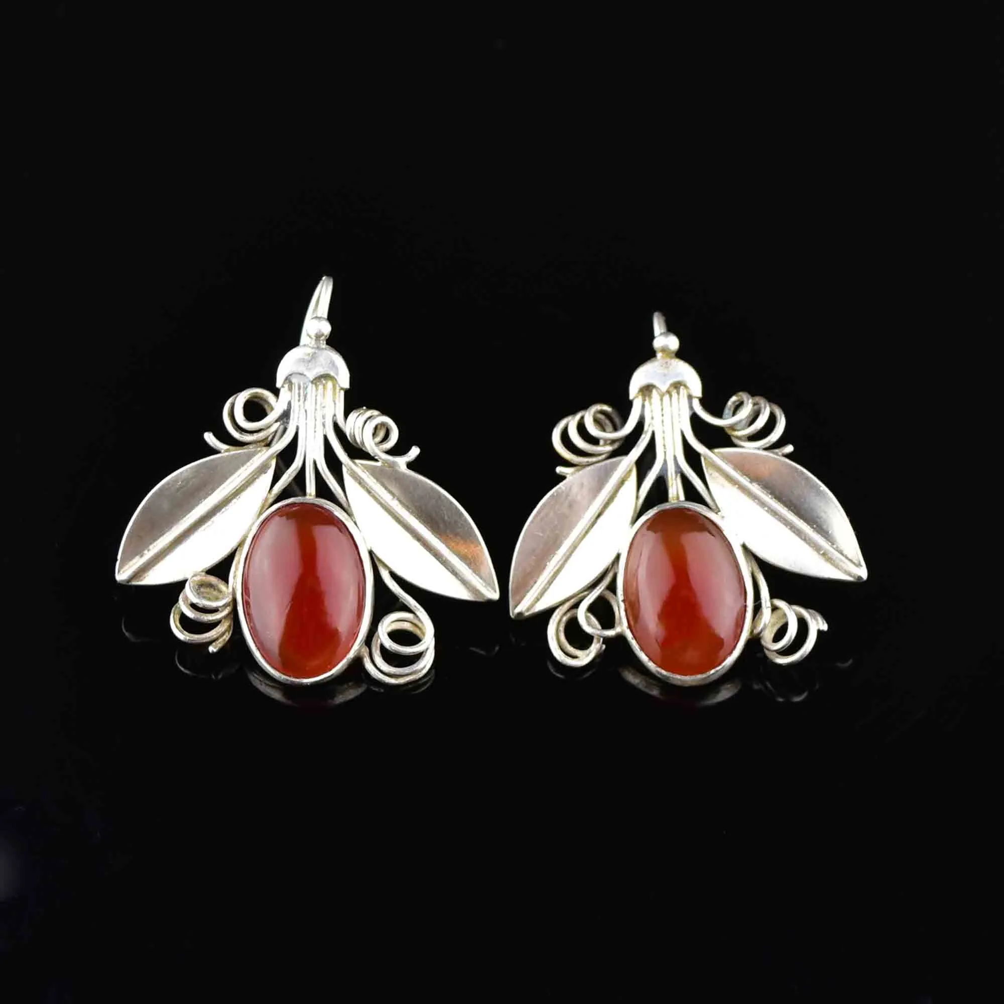 Arts and Crafts Silver Carnelian Bug Earrings