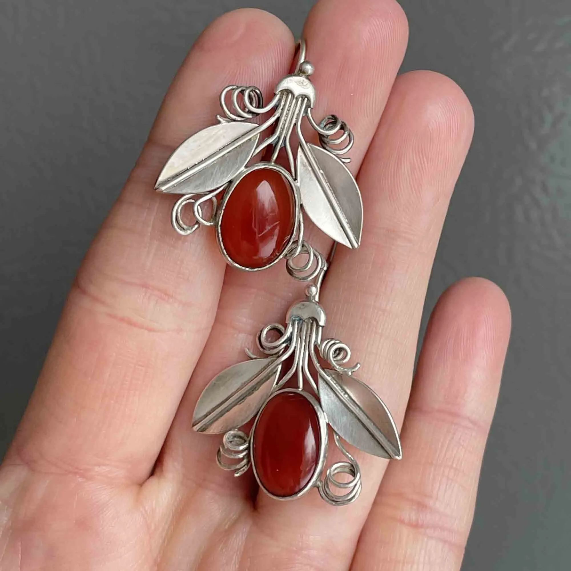 Arts and Crafts Silver Carnelian Bug Earrings