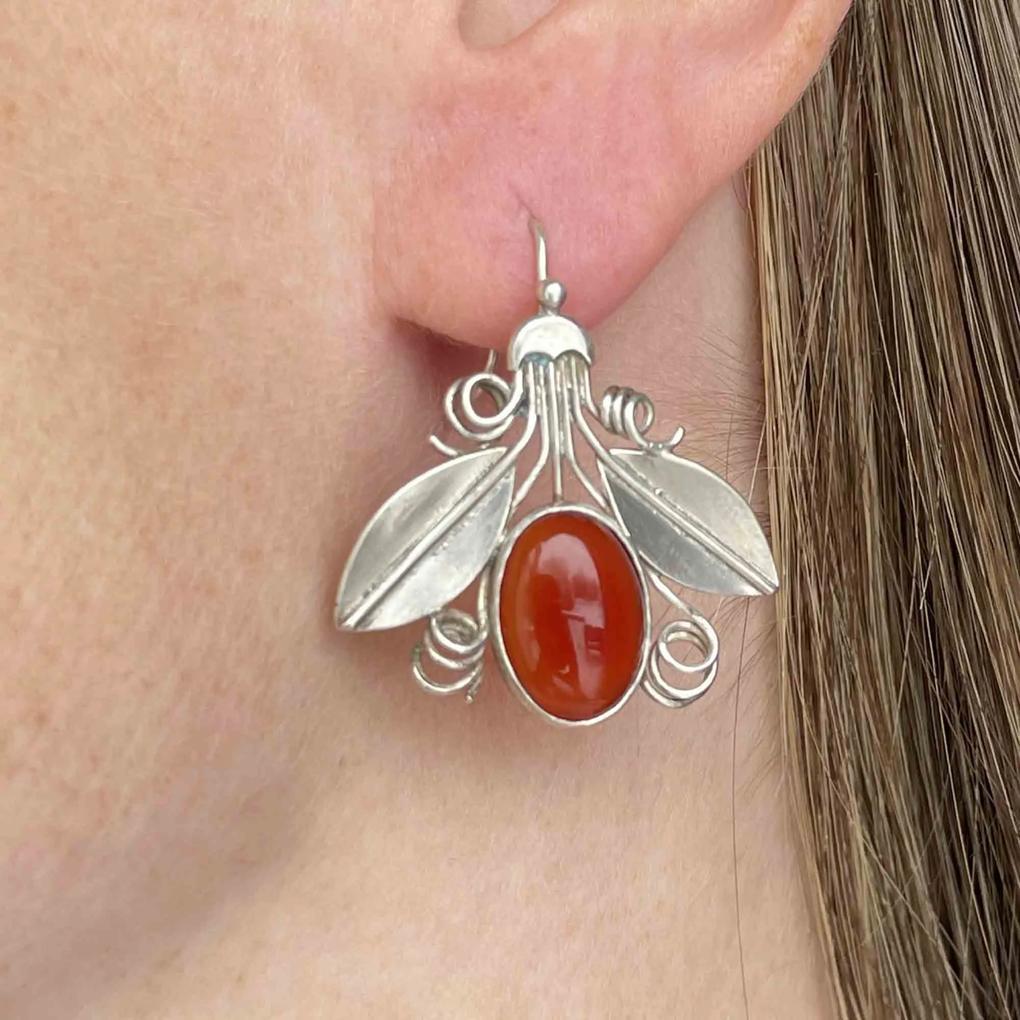 Arts and Crafts Silver Carnelian Bug Earrings