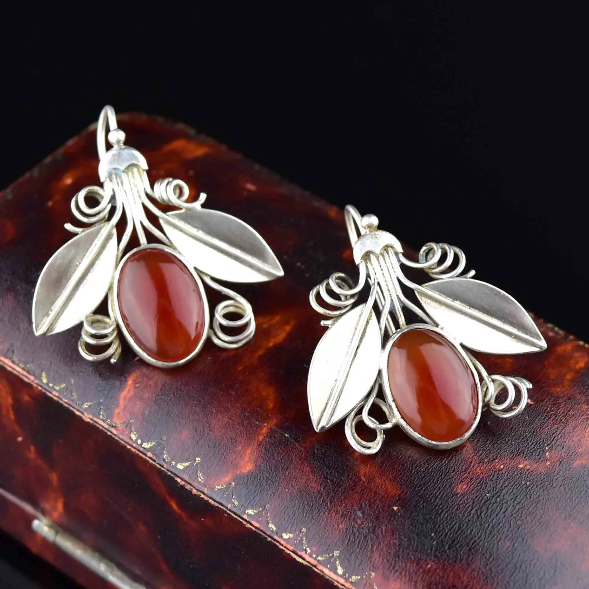 Arts and Crafts Silver Carnelian Bug Earrings