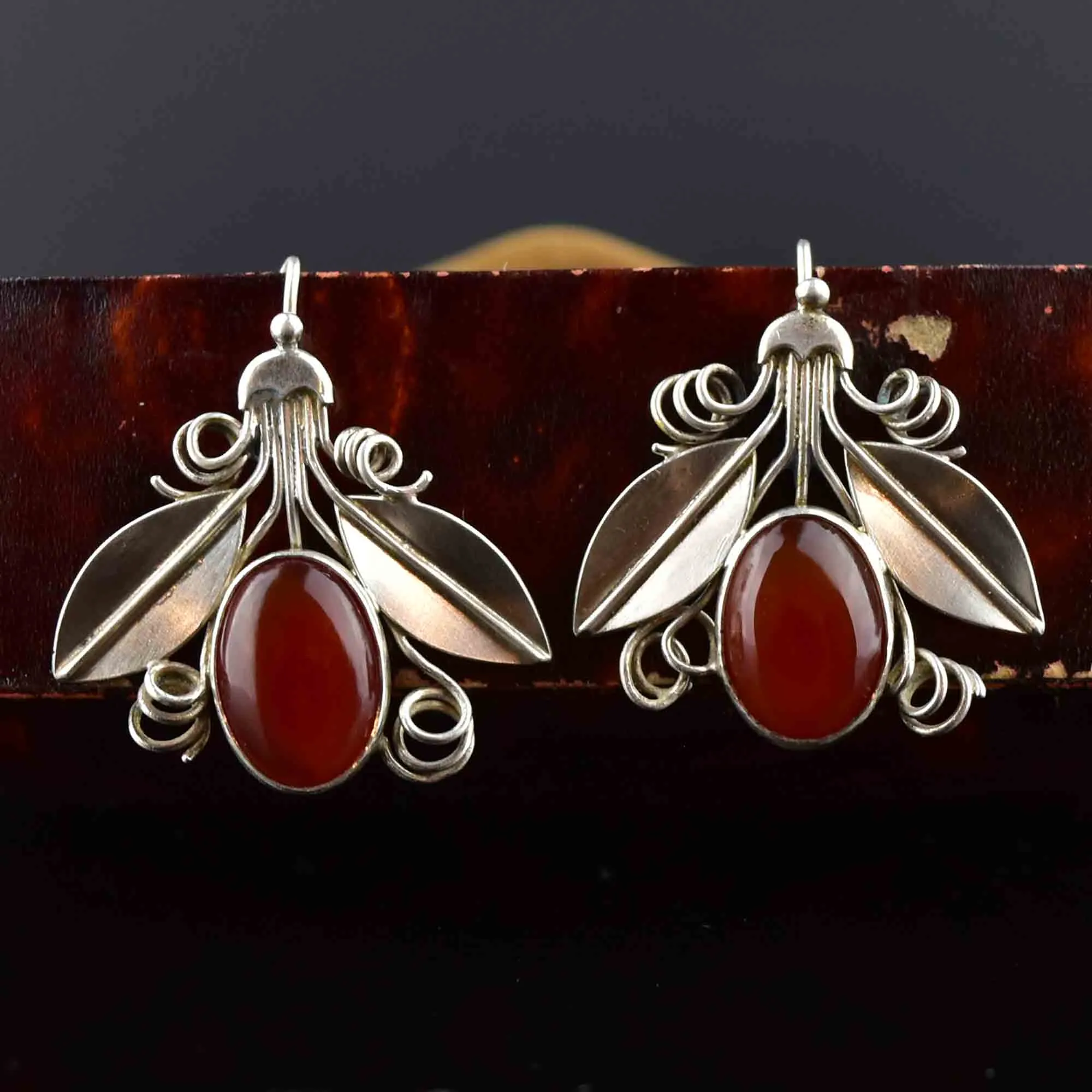 Arts and Crafts Silver Carnelian Bug Earrings