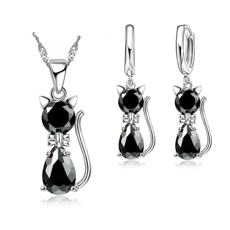 Austrian Crystal Cat Set in Solid 925 Sterling Silver