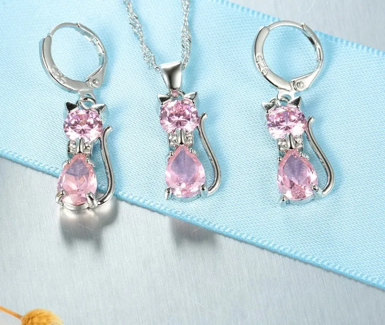 Austrian Crystal Cat Set in Solid 925 Sterling Silver