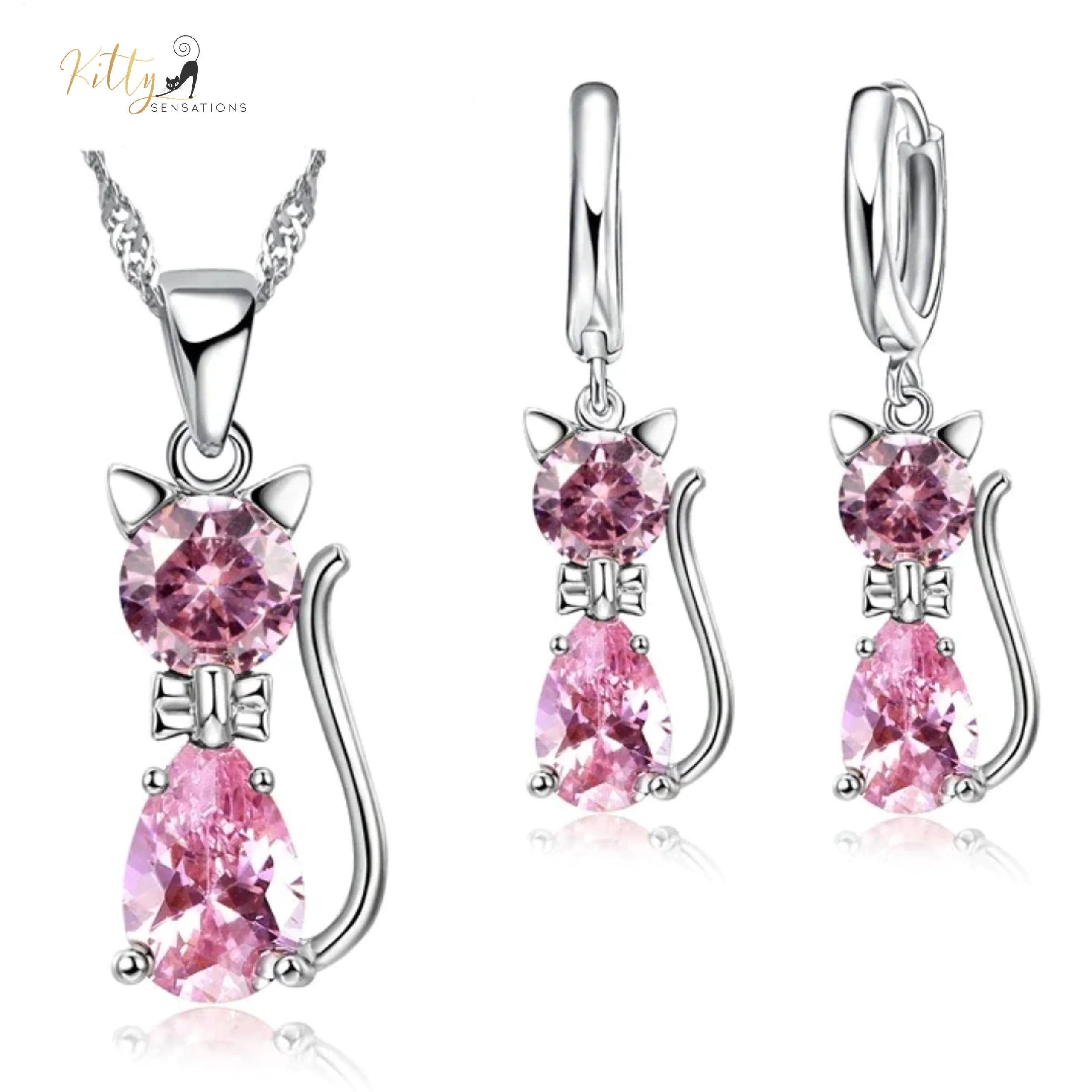 Austrian Crystal Cat Set in Solid 925 Sterling Silver