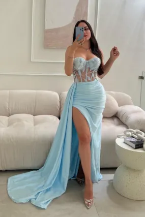 Baby Blue Sleeveless Prom Dress with Long Lace Beaded Split