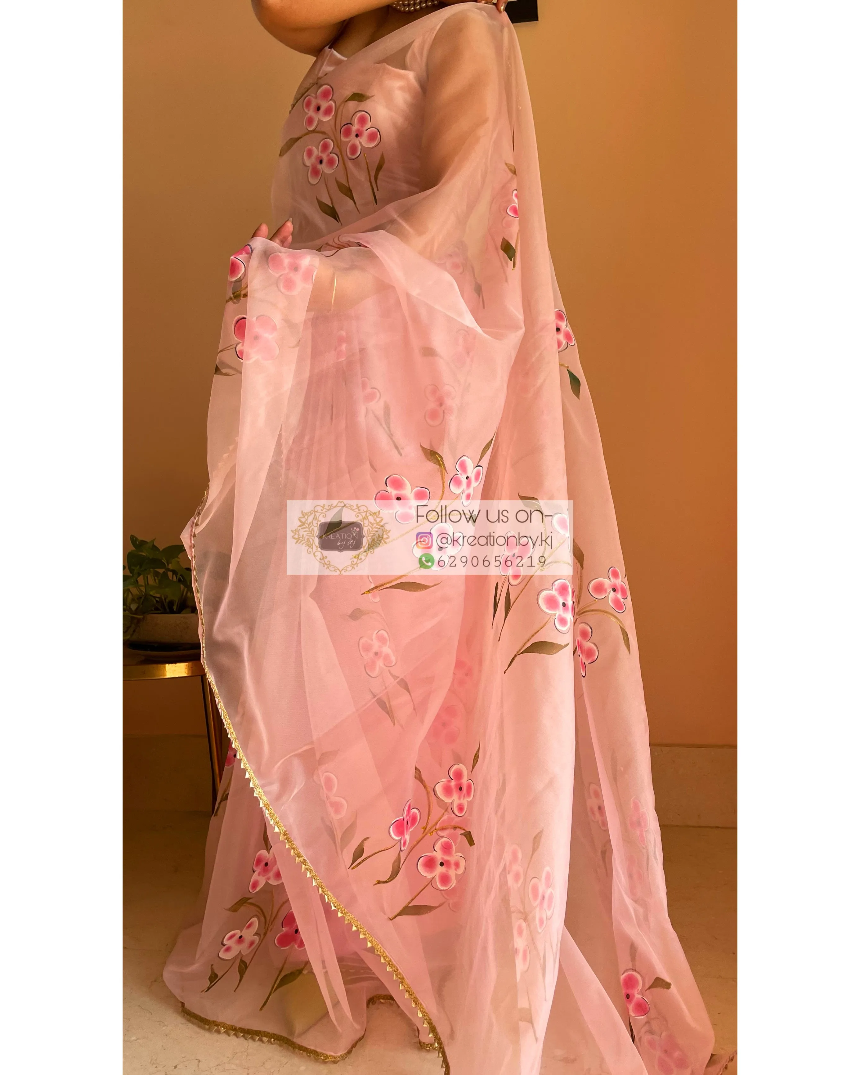 Baby Pink Floral Organza Saree