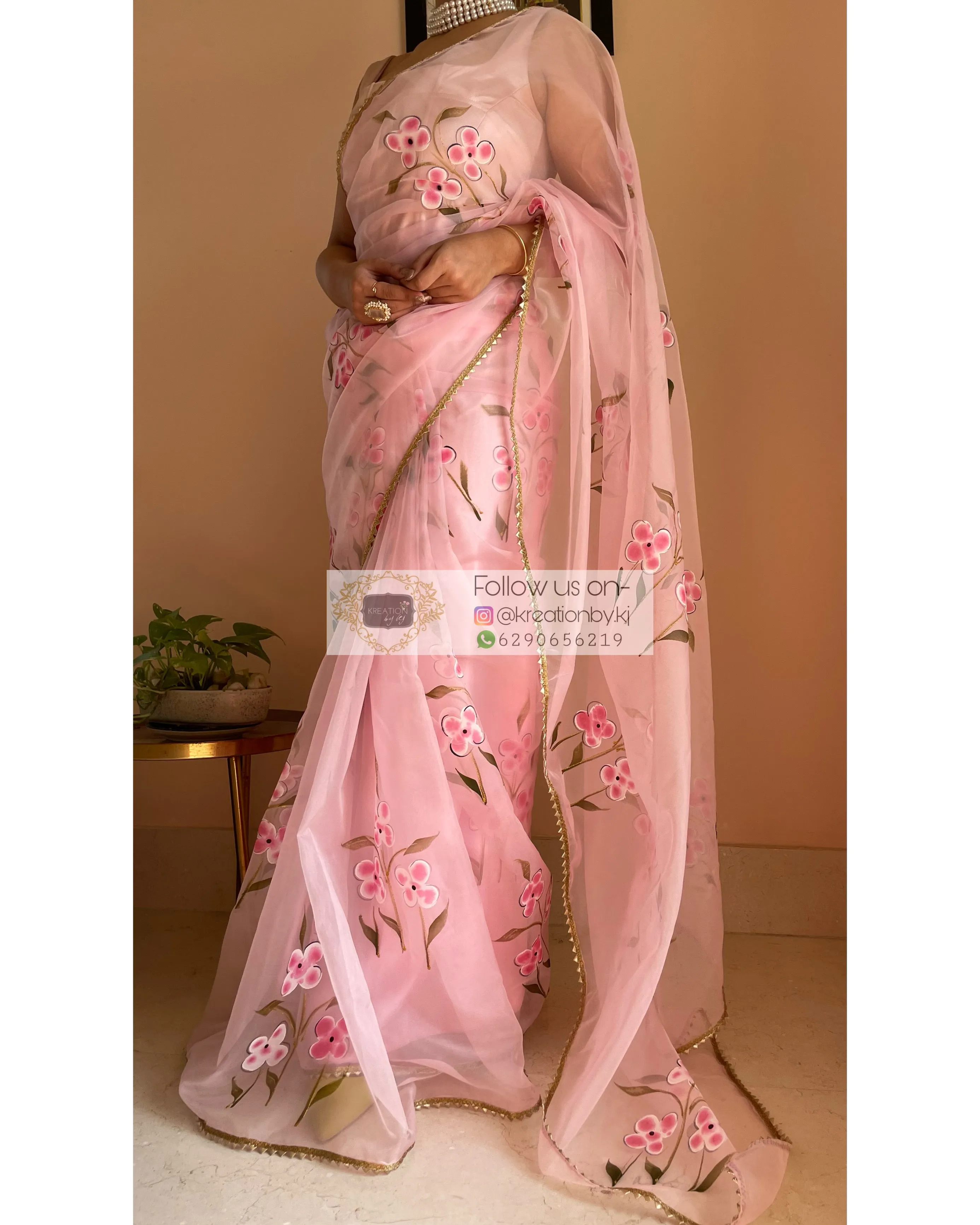 Baby Pink Floral Organza Saree