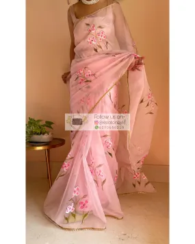 Baby Pink Floral Organza Saree