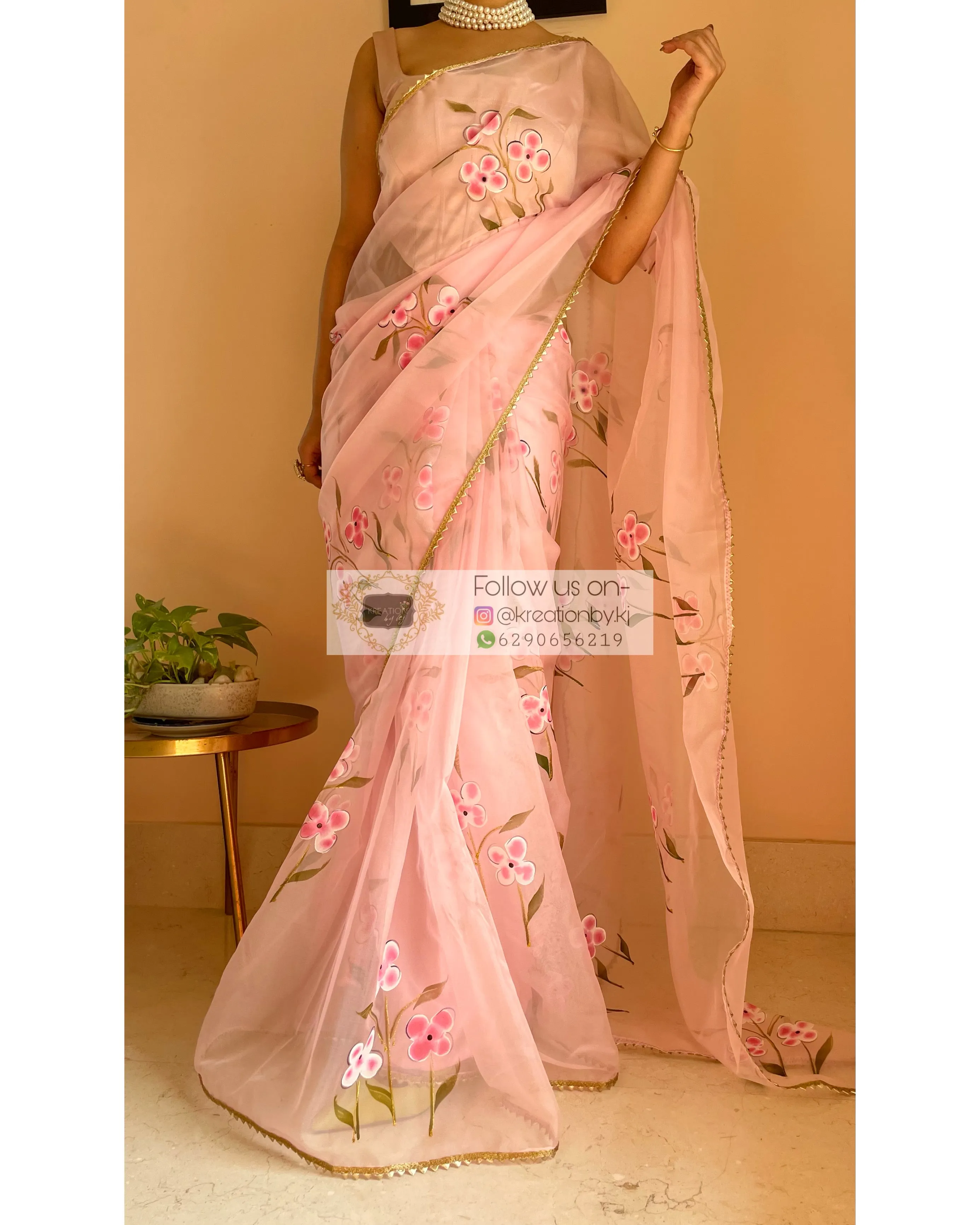 Baby Pink Floral Organza Saree