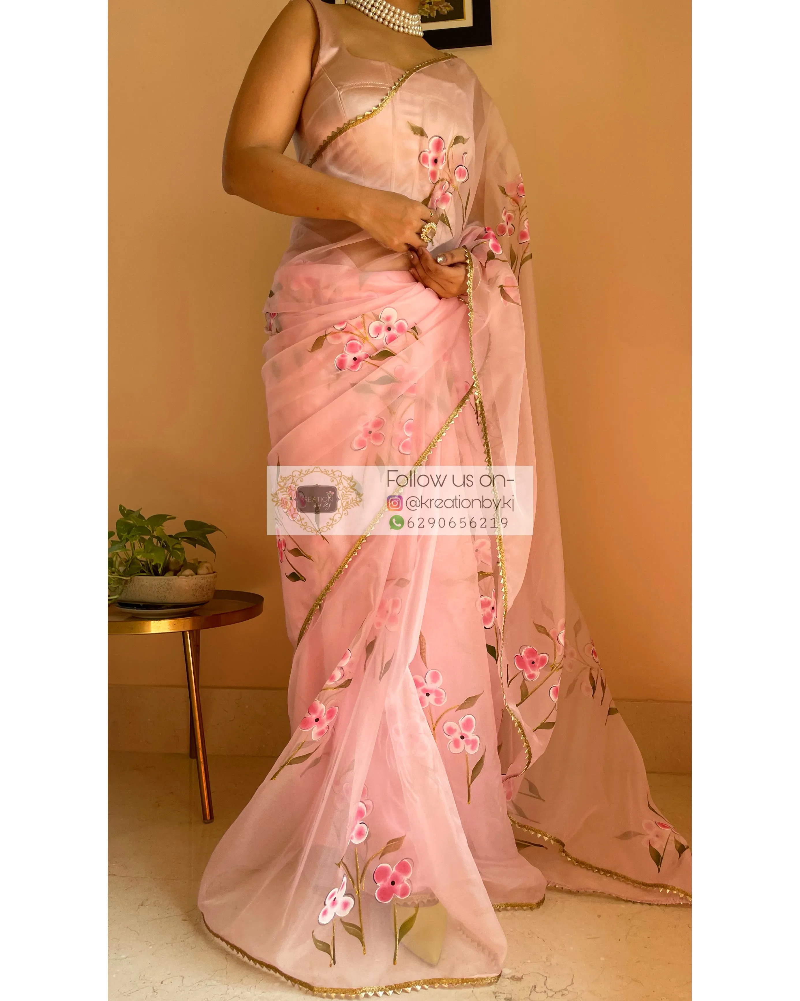 Baby Pink Floral Organza Saree