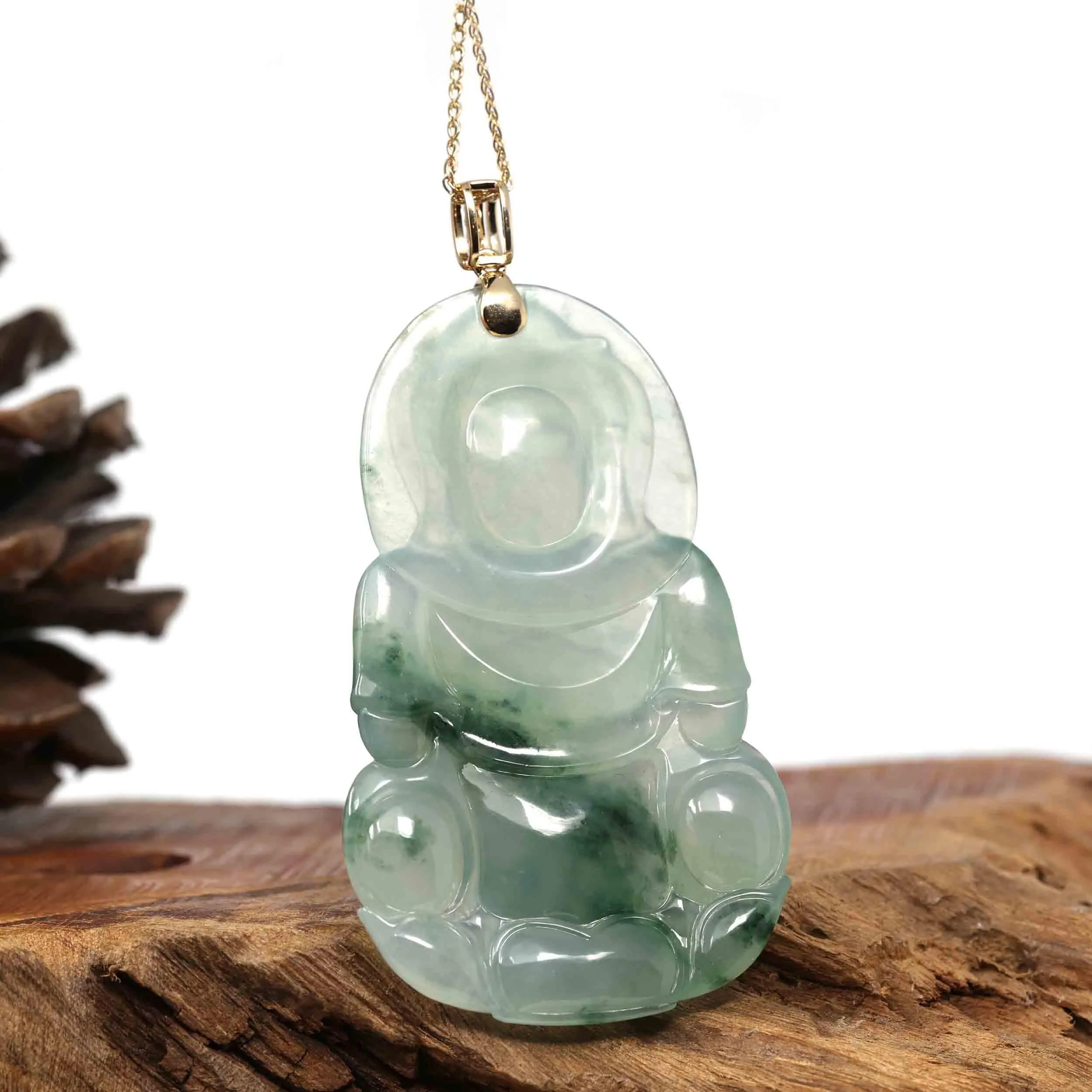 Baikalla 14k Yellow Gold "Goddess of Compassion" Genuine Ice Burmese Jadeite Jade Guanyin Necklace With Gold Bail