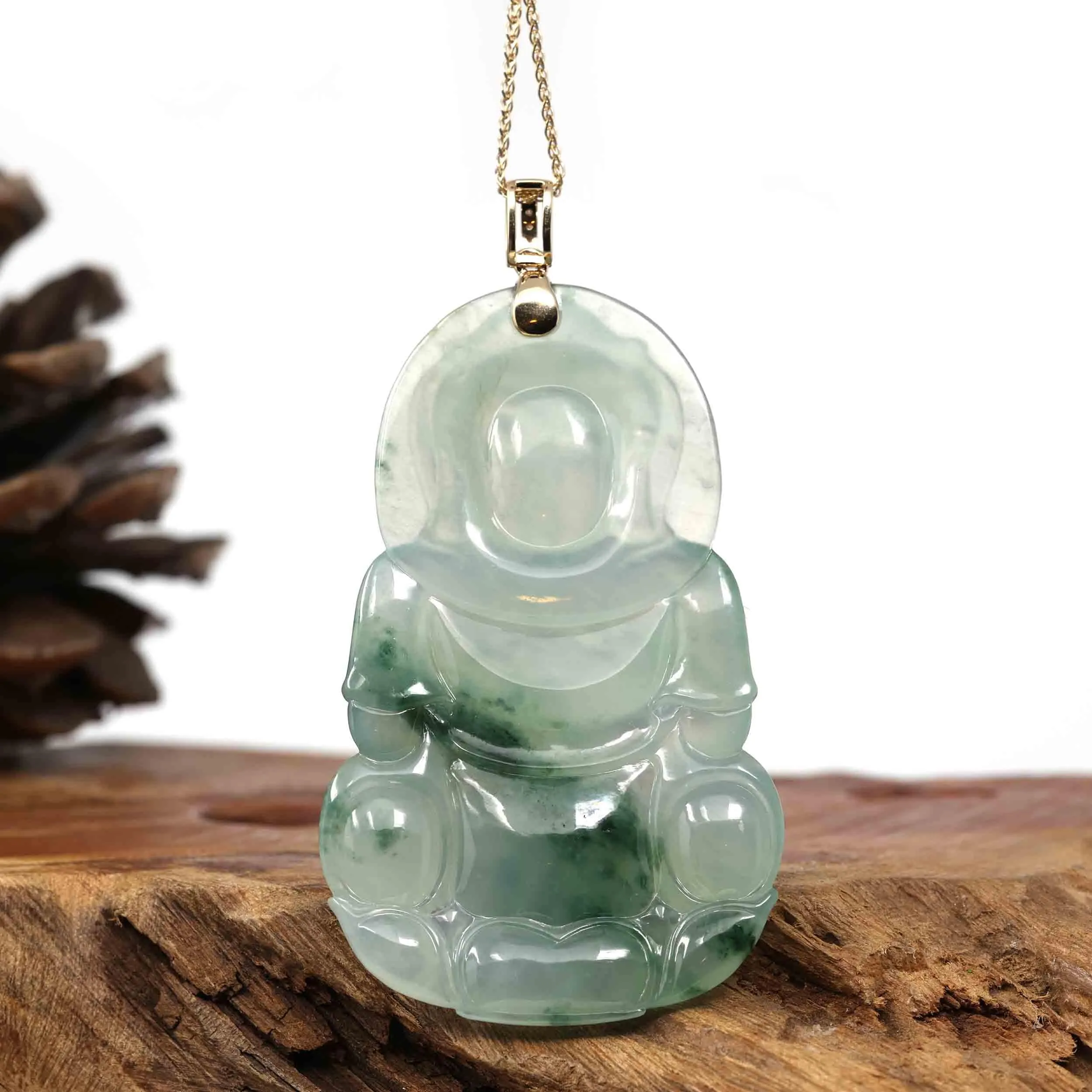 Baikalla 14k Yellow Gold "Goddess of Compassion" Genuine Ice Burmese Jadeite Jade Guanyin Necklace With Gold Bail