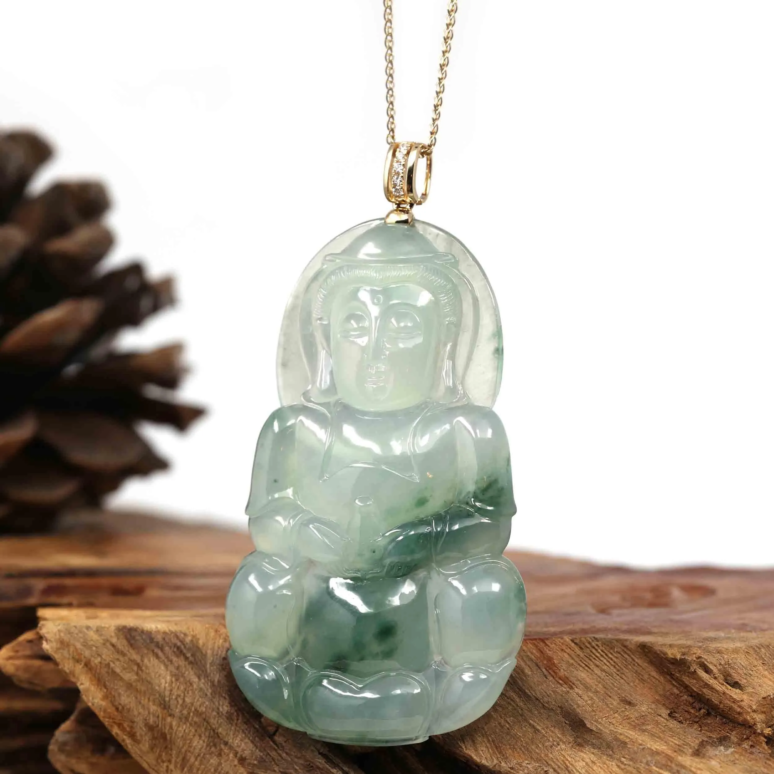 Baikalla 14k Yellow Gold "Goddess of Compassion" Genuine Ice Burmese Jadeite Jade Guanyin Necklace With Gold Bail