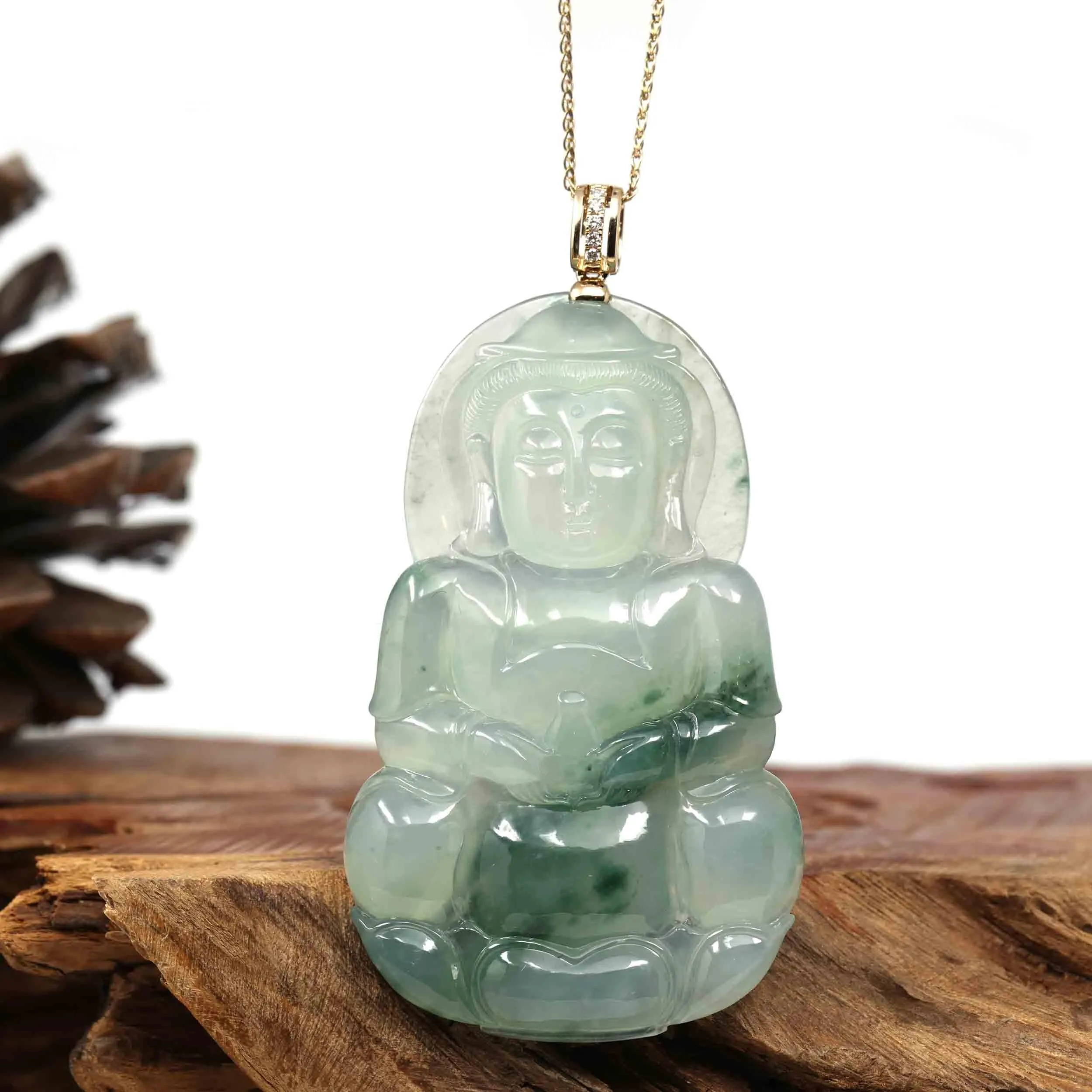 Baikalla 14k Yellow Gold "Goddess of Compassion" Genuine Ice Burmese Jadeite Jade Guanyin Necklace With Gold Bail