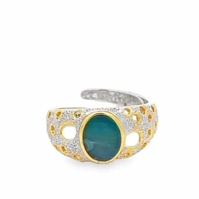 Baikalla Antique Natural Opal Sterling Silver Gold Plated Two Tone Ring