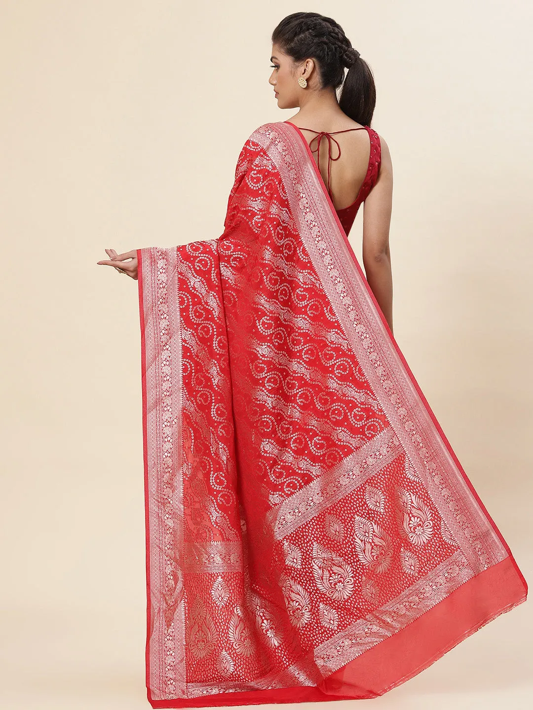 Bandhani Printed Crepe Plain Saree