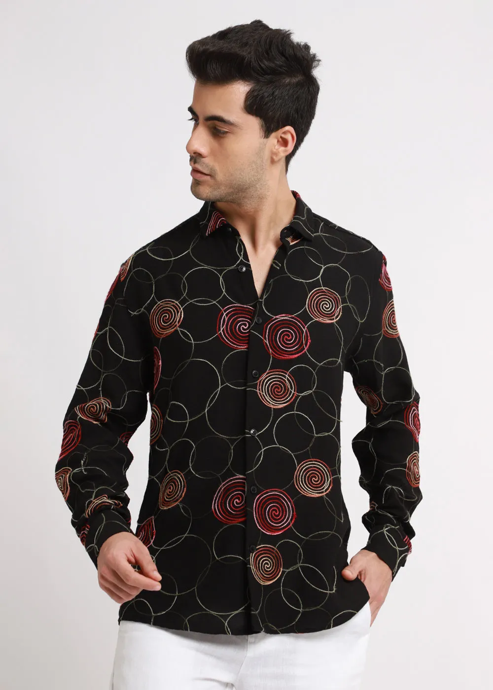 Black Circular Embroidered Shirt