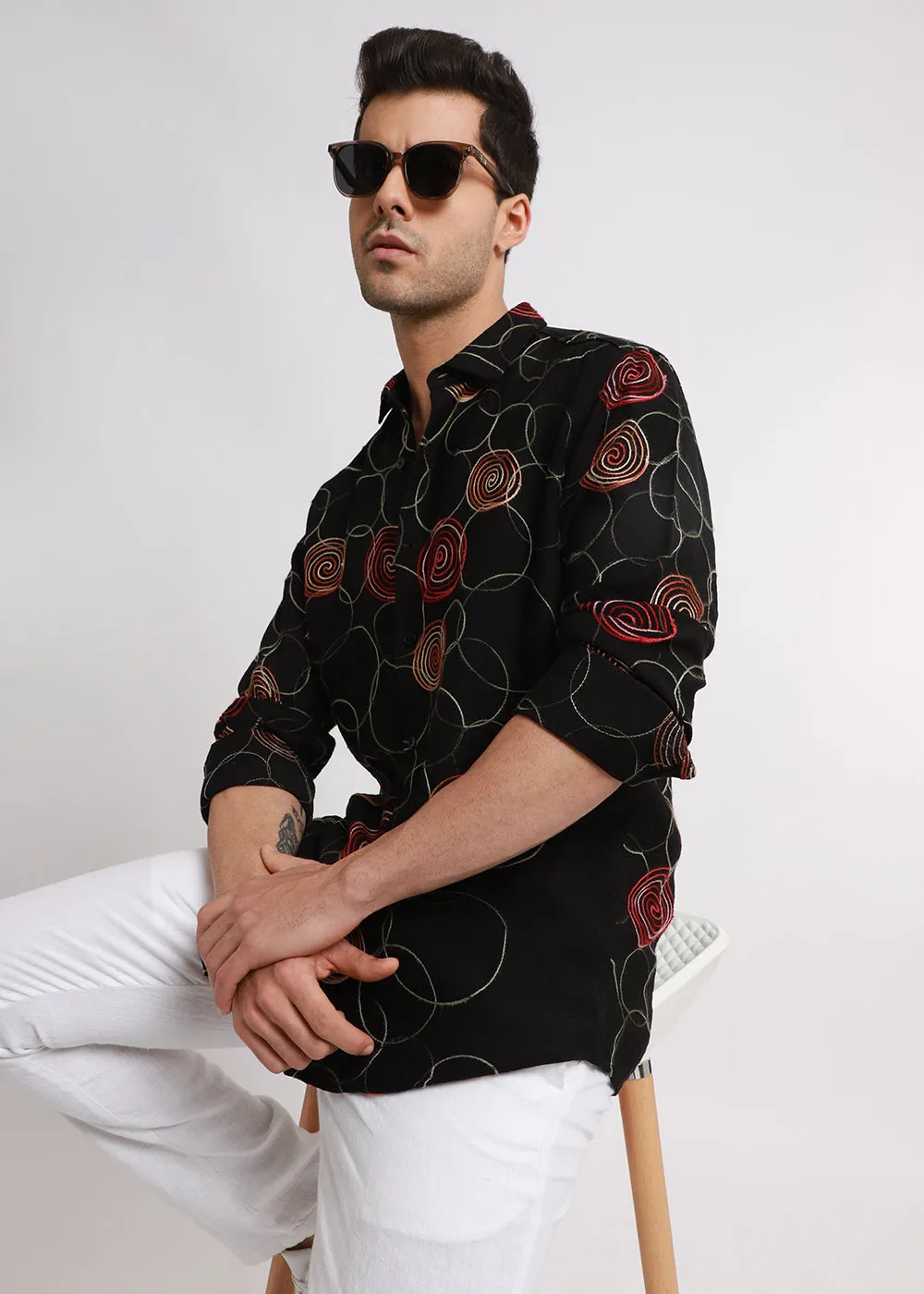 Black Circular Embroidered Shirt