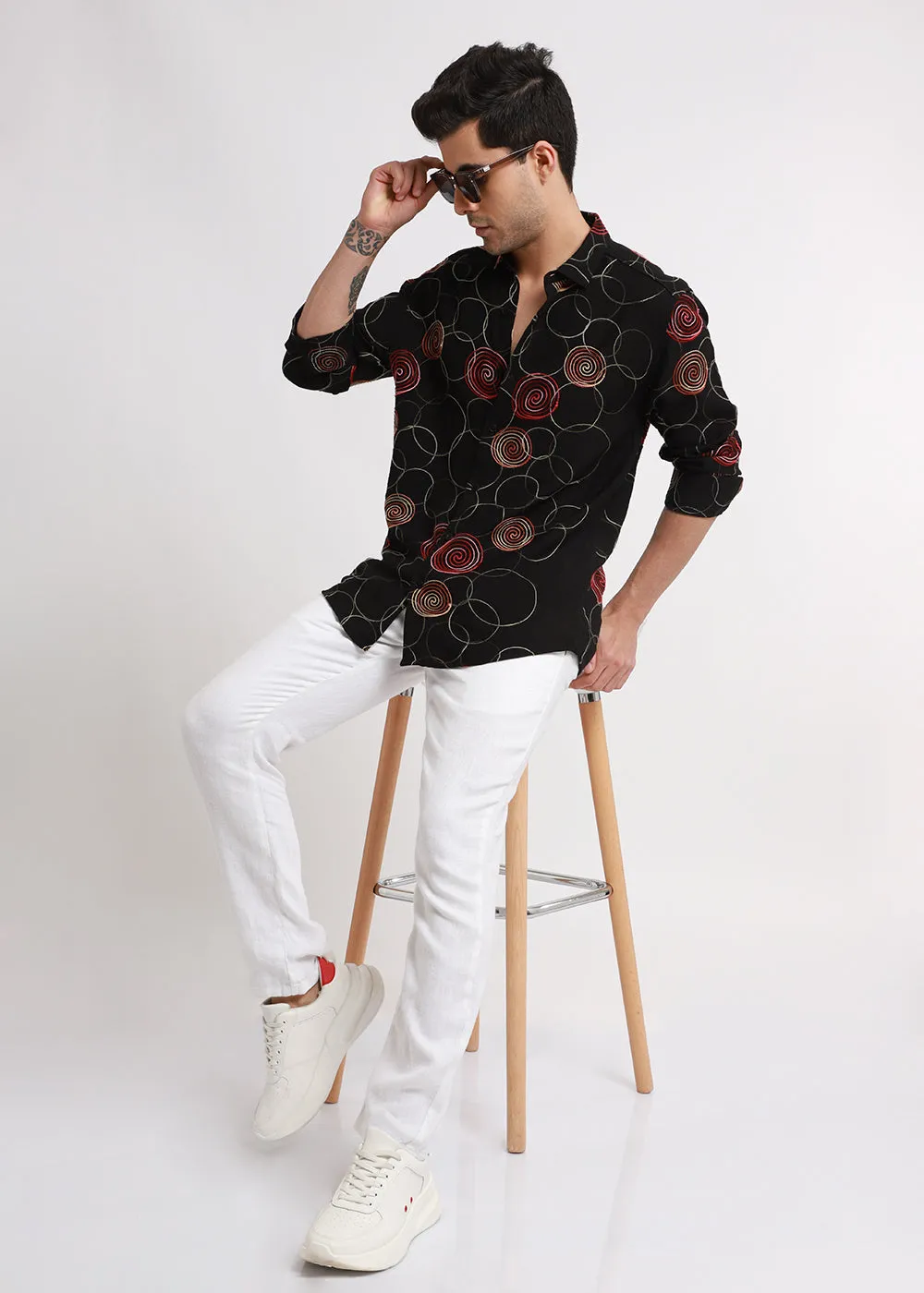 Black Circular Embroidered Shirt