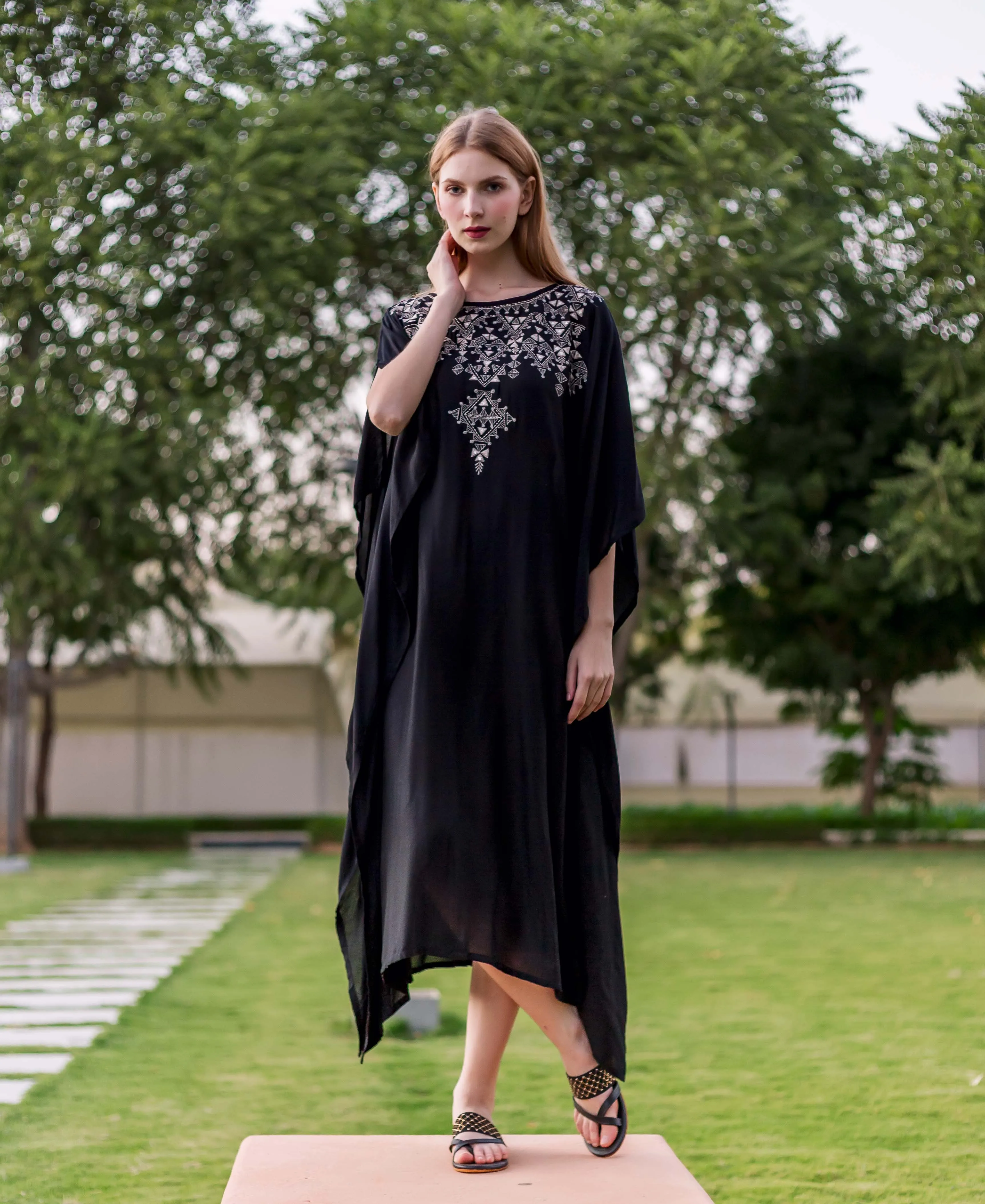 Black Muslin Embroidered Kaftan