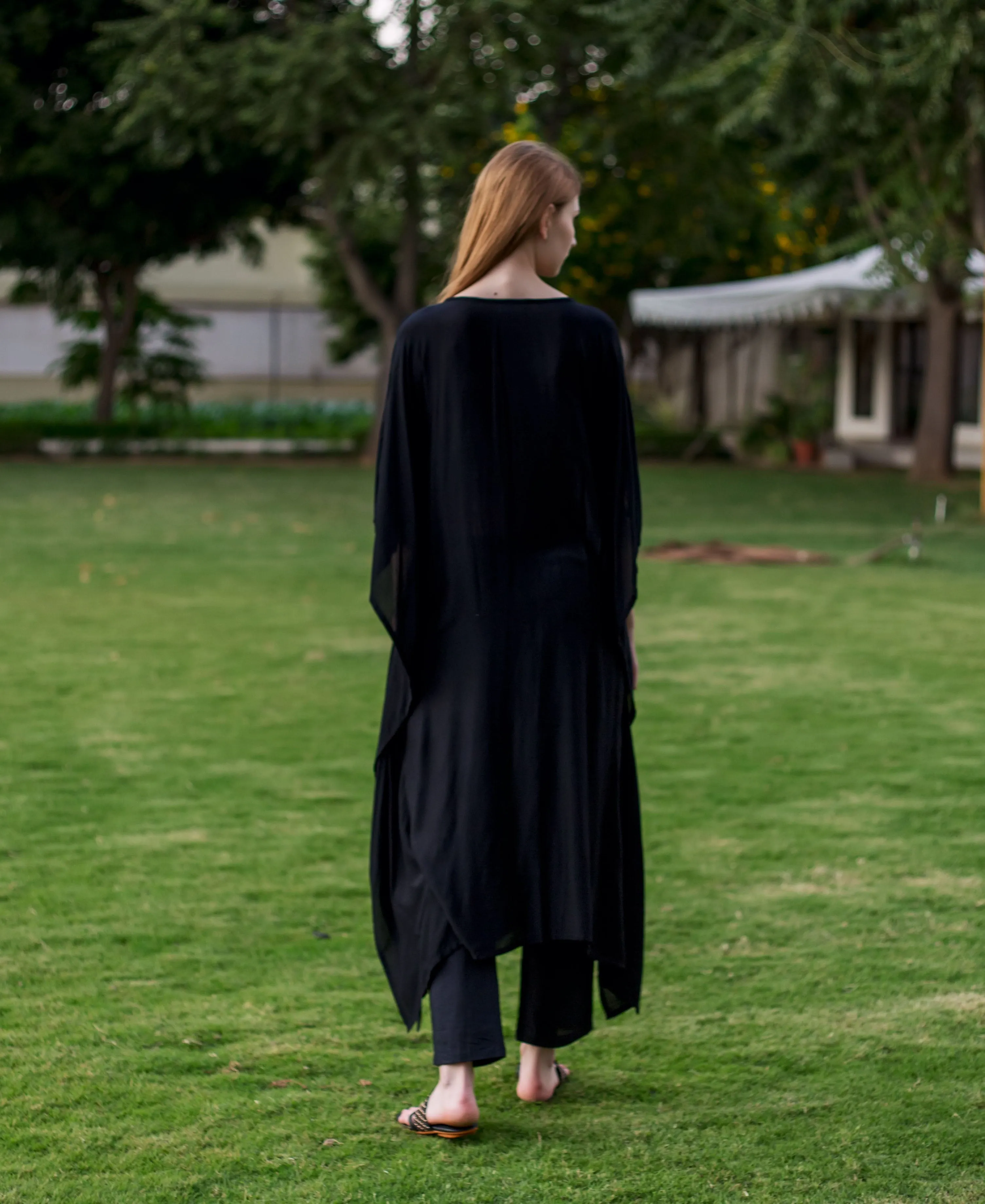 Black Muslin Embroidered Kaftan