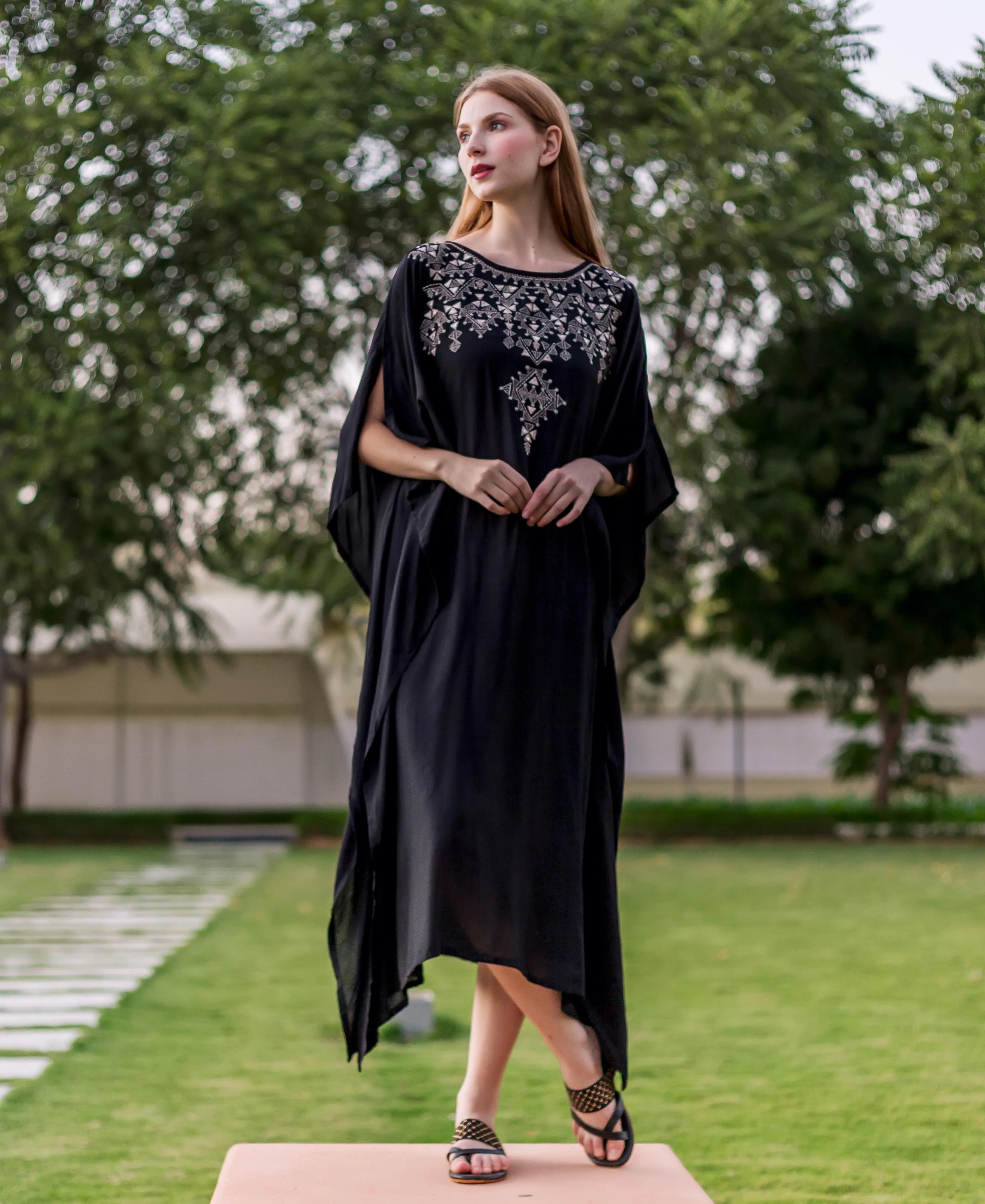 Black Muslin Embroidered Kaftan