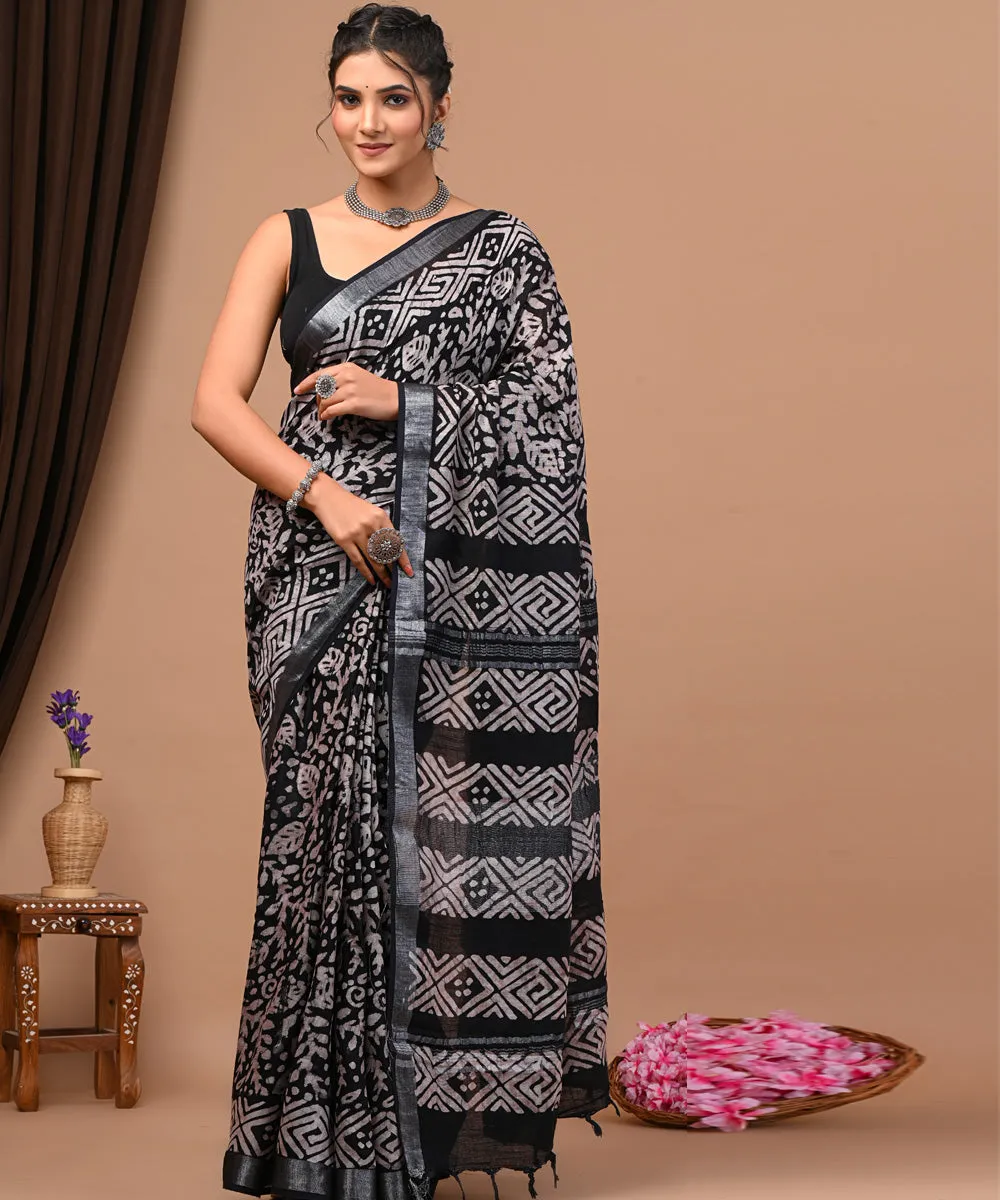 Black white sanganeri cotton silk hand block printed saree