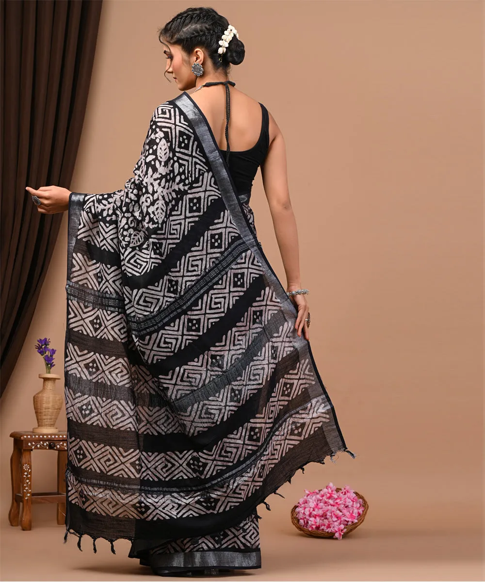 Black white sanganeri cotton silk hand block printed saree