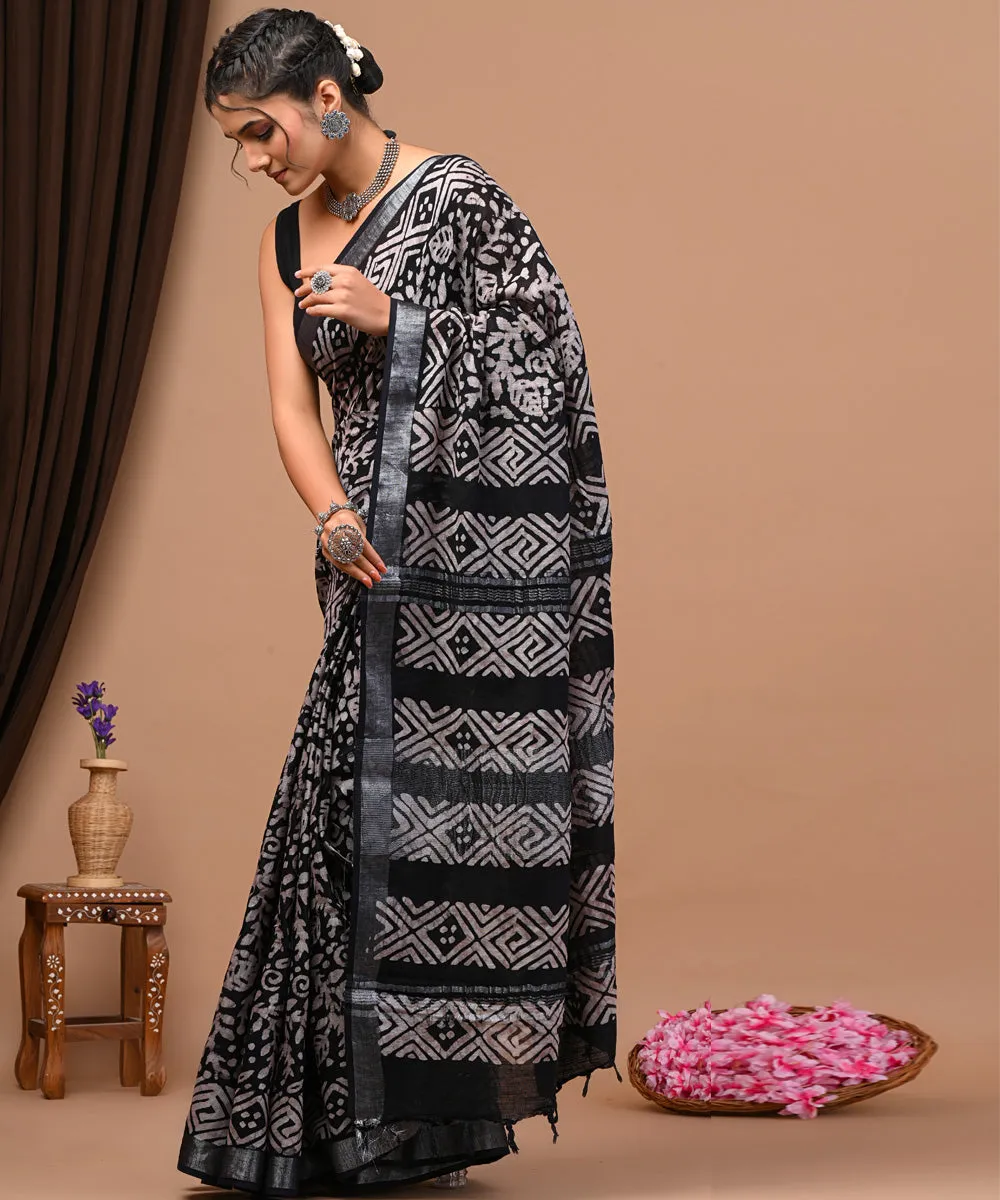 Black white sanganeri cotton silk hand block printed saree