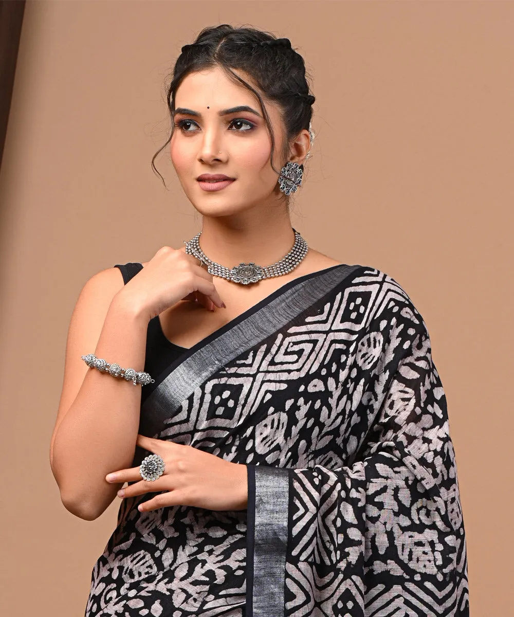 Black white sanganeri cotton silk hand block printed saree