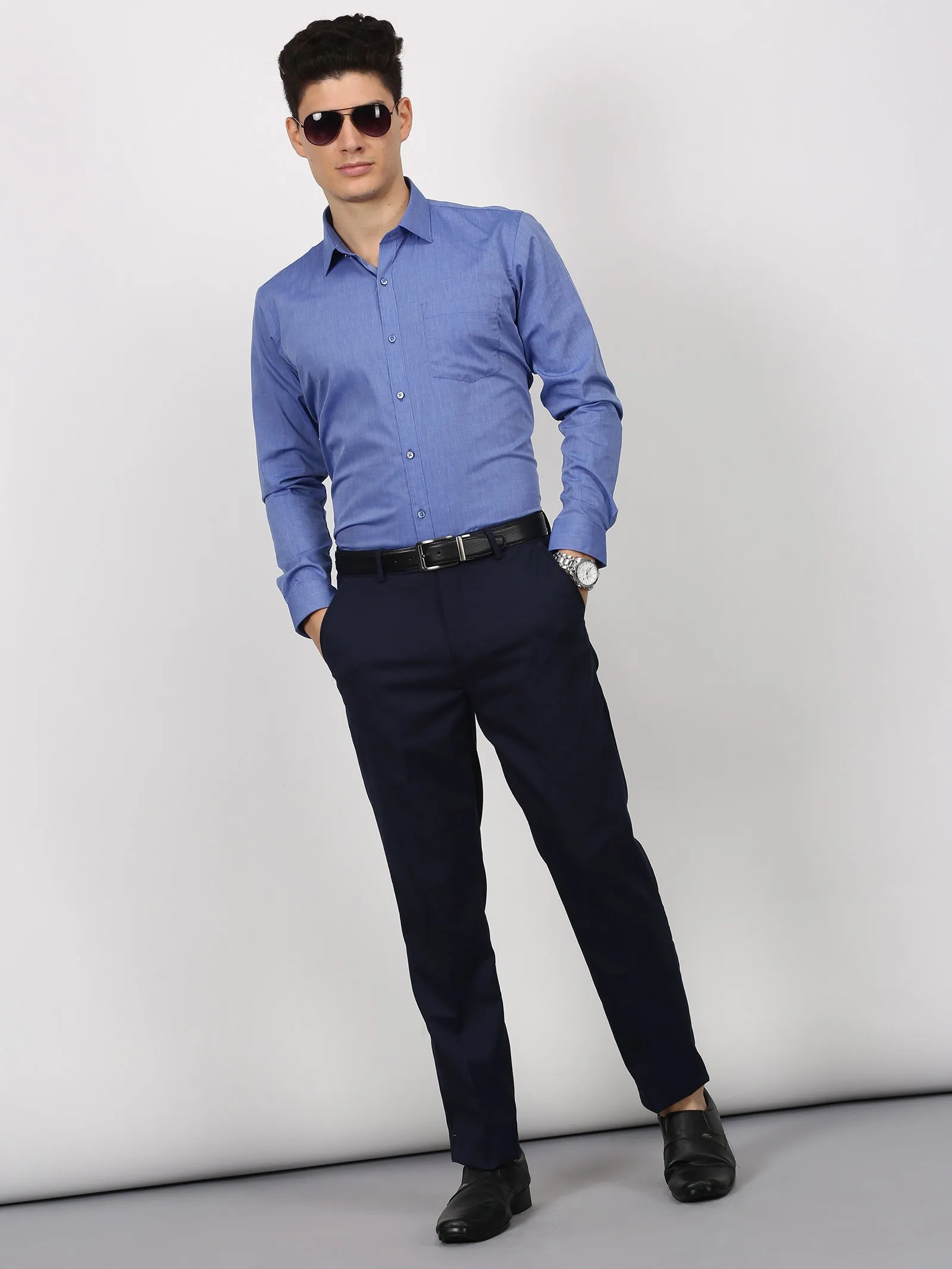 Blue Solid Long Sleeve Formal Shirt