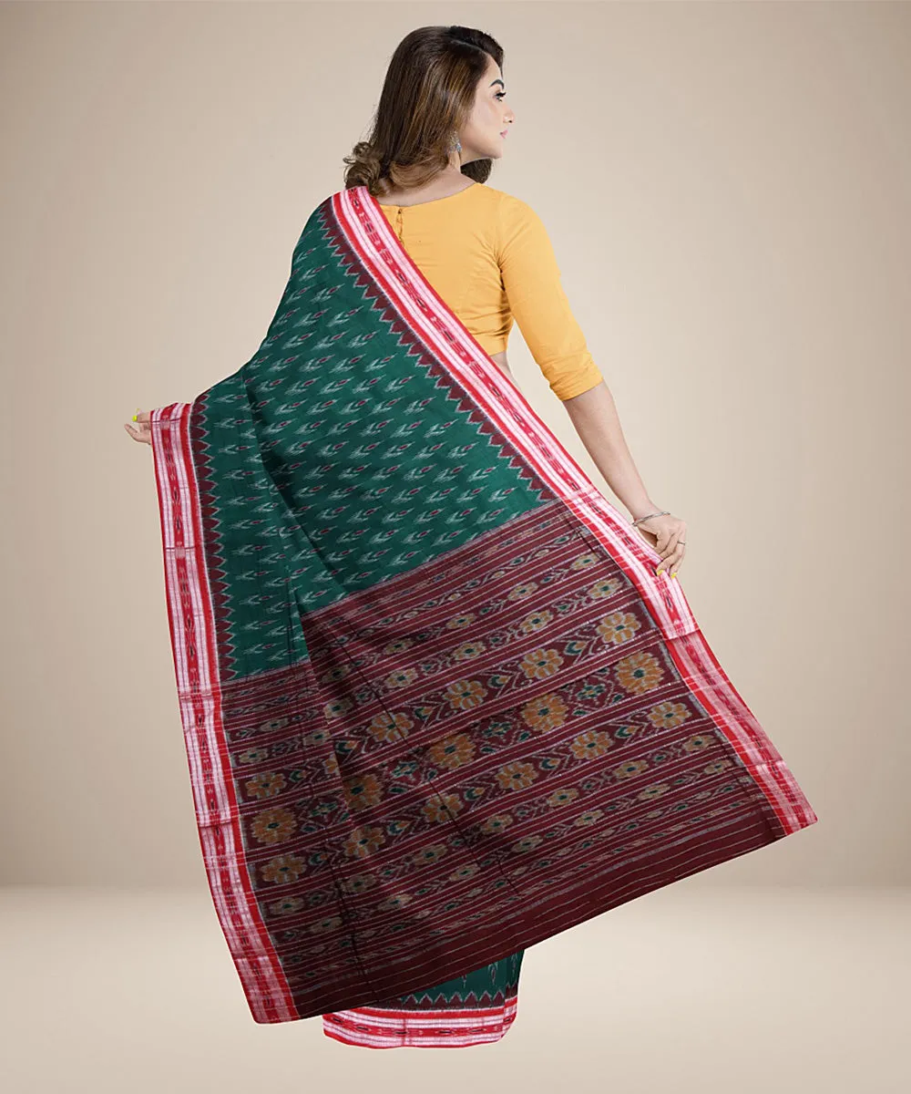 Bottle green dark red cotton handwoven nuapatna saree