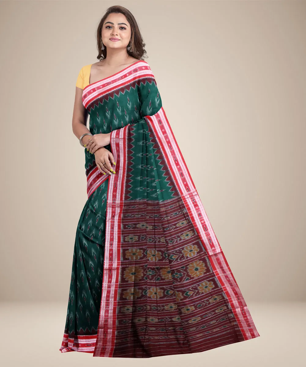 Bottle green dark red cotton handwoven nuapatna saree