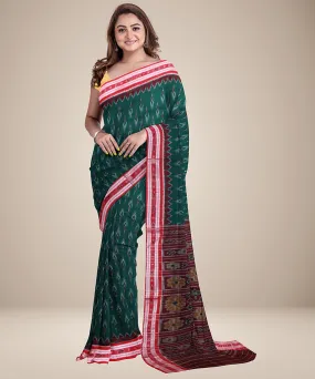 Bottle green dark red cotton handwoven nuapatna saree