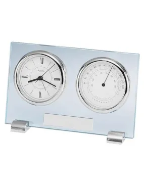 Bulova Glass Camberley Table Top Alarm Clock with Thermometer - Engraving Plate