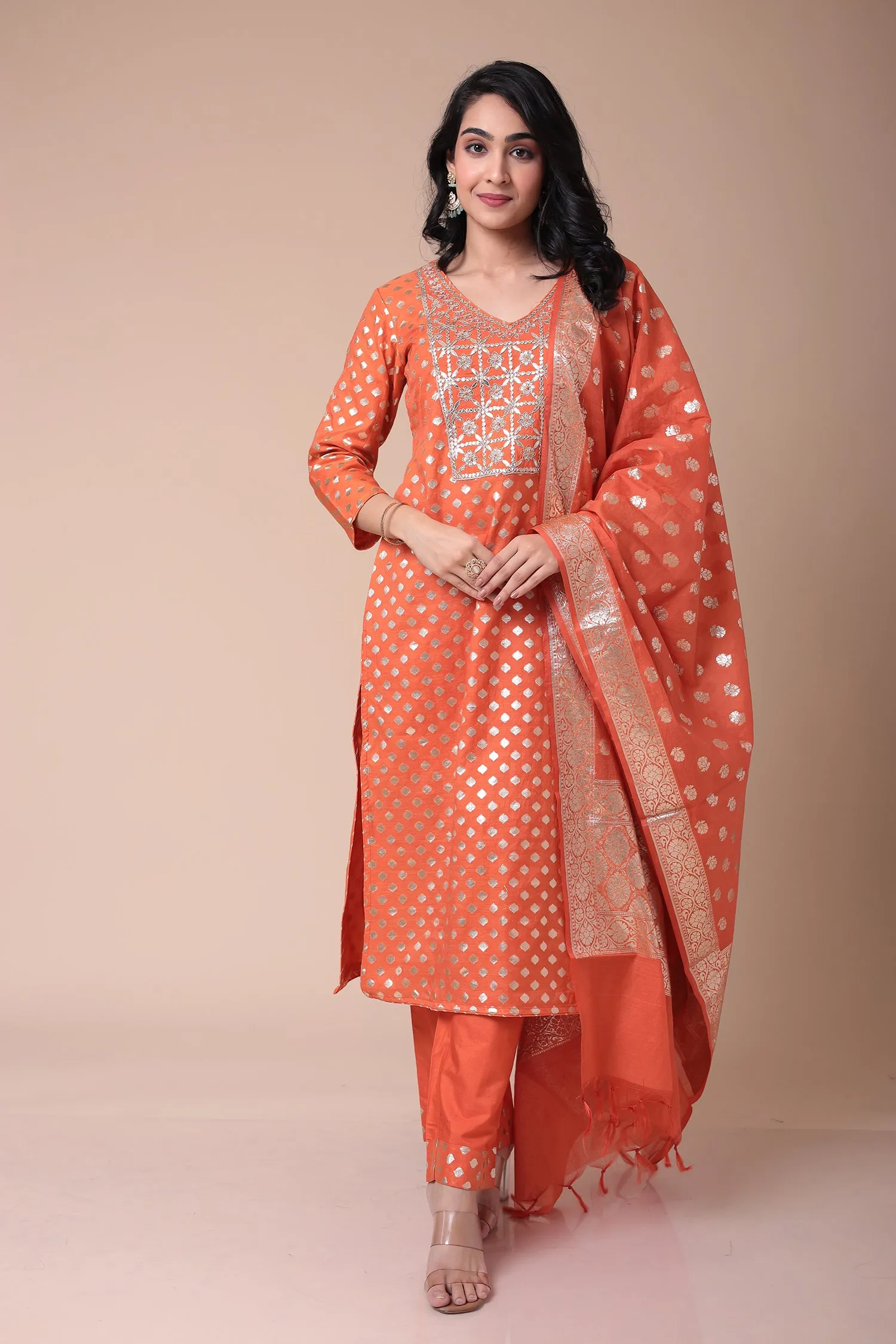 Chanderi Straight Suit with Dori and Embroidered work