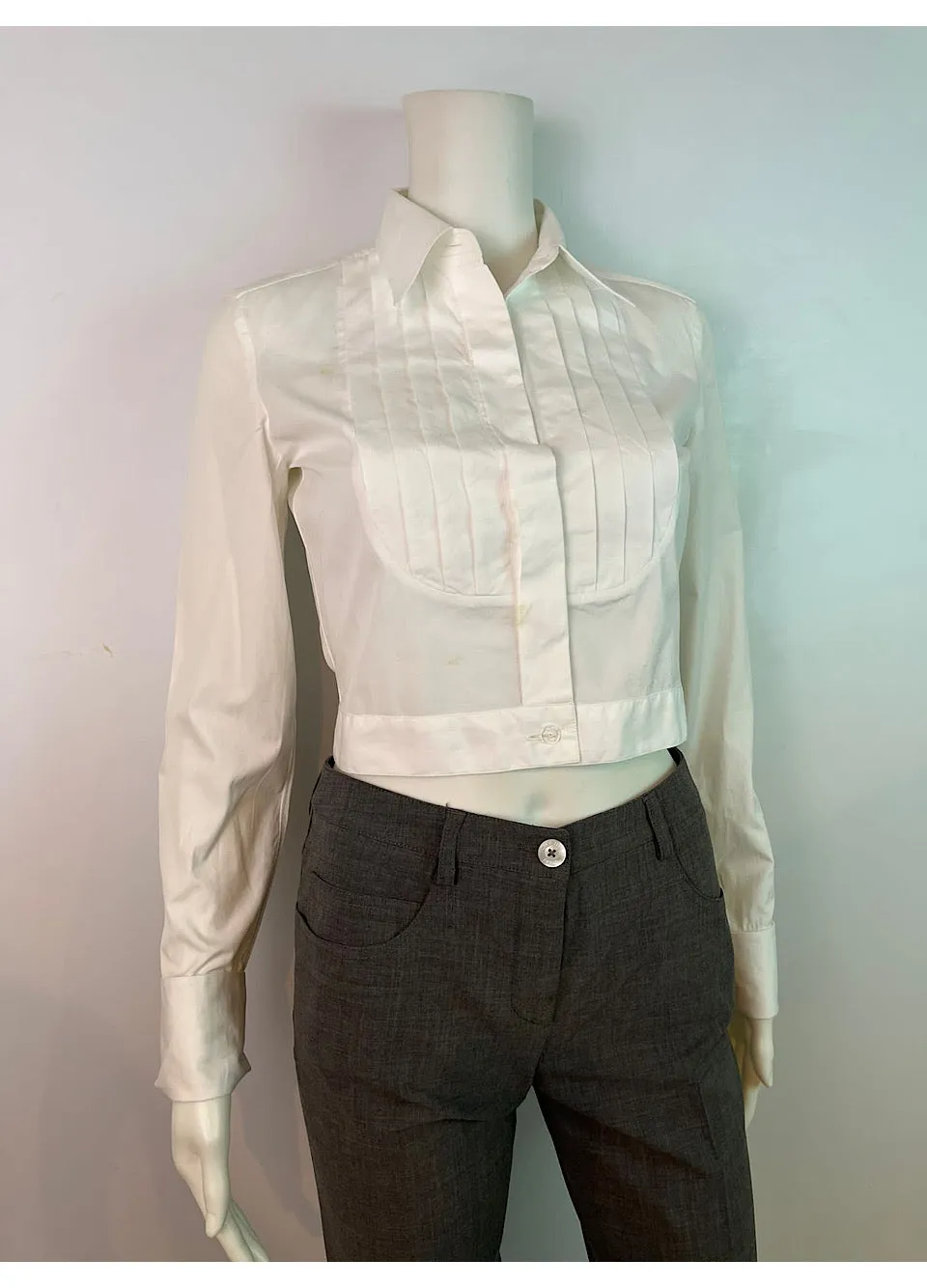 Chanel Vintage White Cotton Pleated Button Down Shirt Top Blouse Size 2