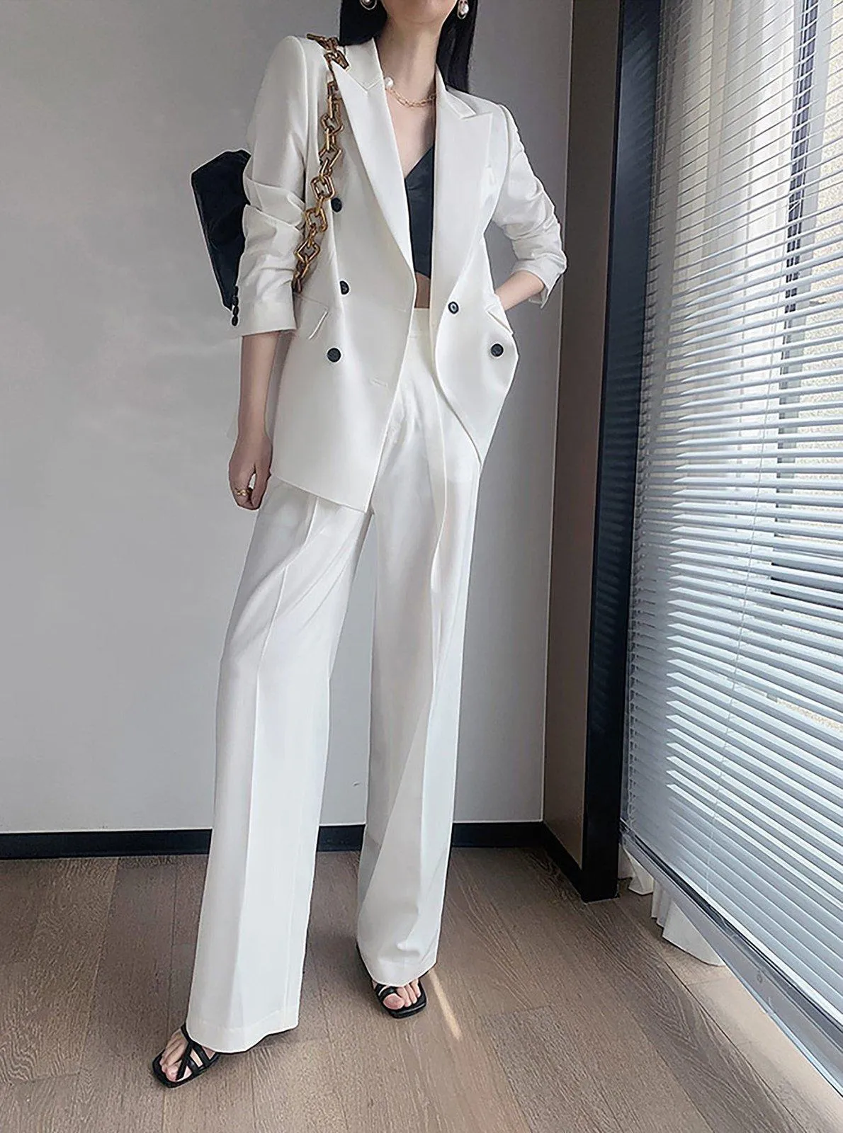 Cherry Double Berasted Blazer & Flare Pant Suit Set