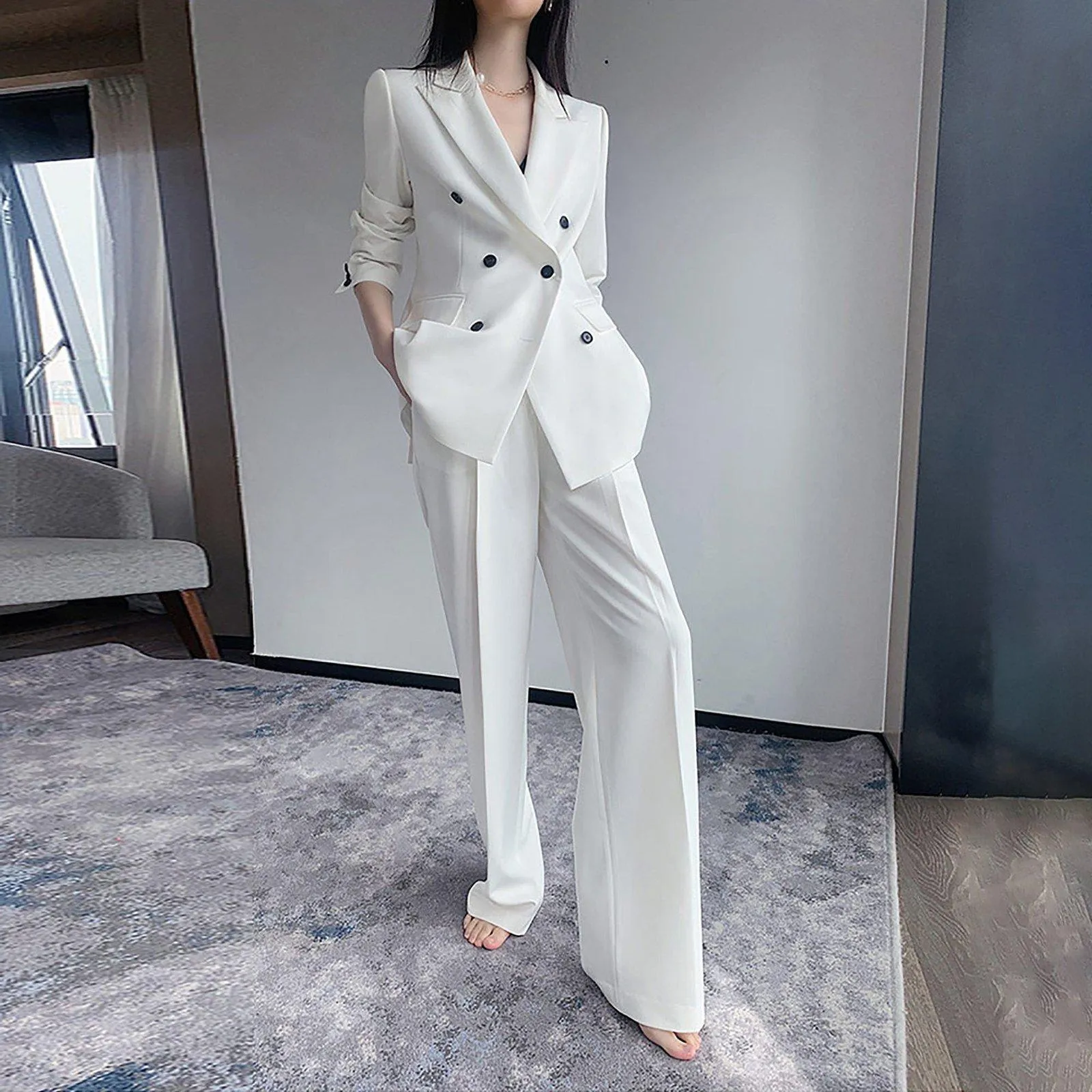 Cherry Double Berasted Blazer & Flare Pant Suit Set