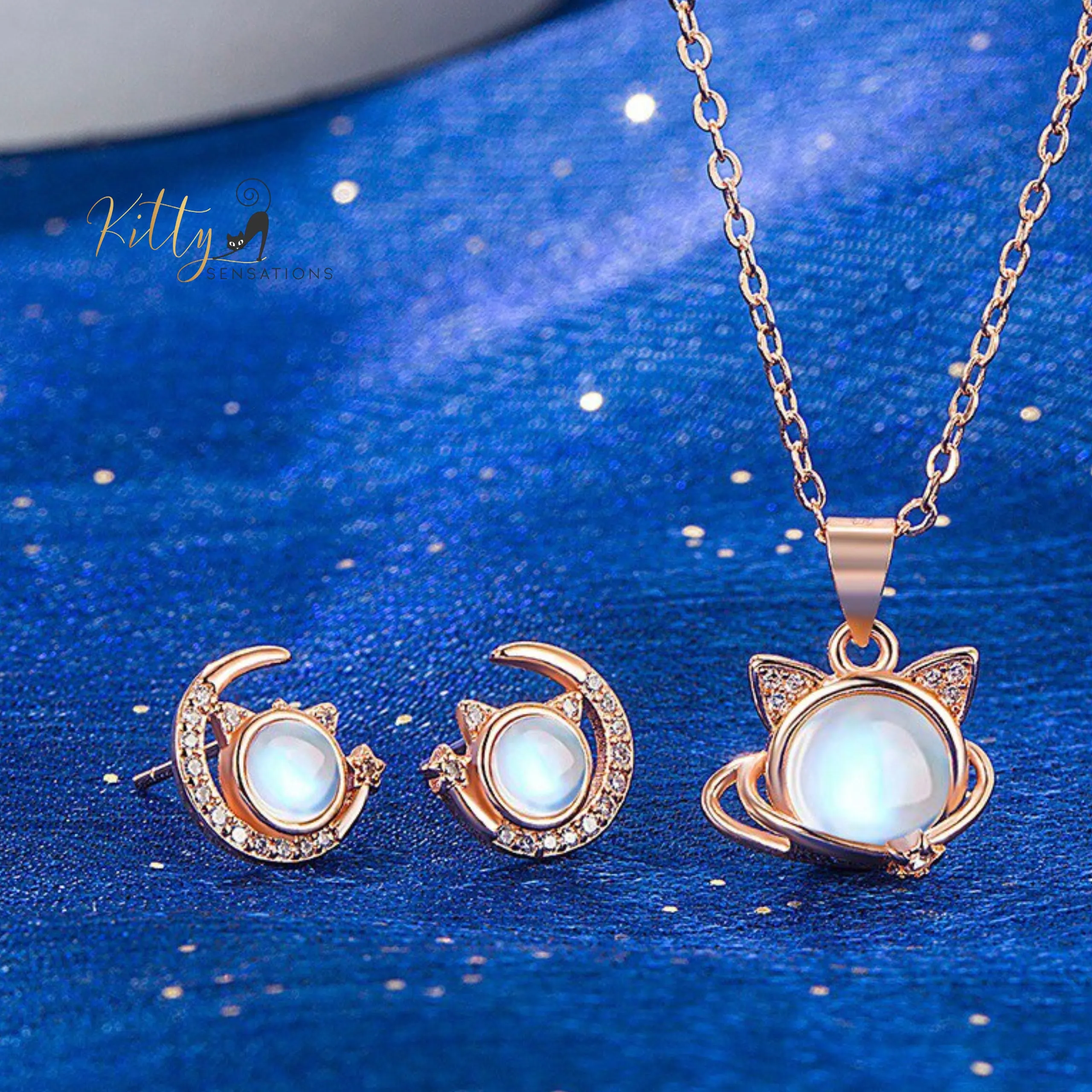 Cosmic Crystal Cat Jewelry Set in Solid 925 Sterling Silver and CZ - Rose Gold Plated