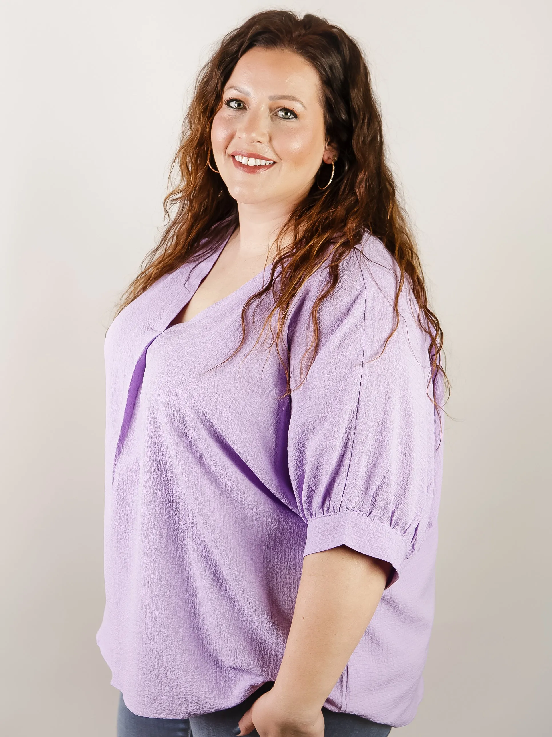 Curvy Lavender Solid V-Neck Blouse