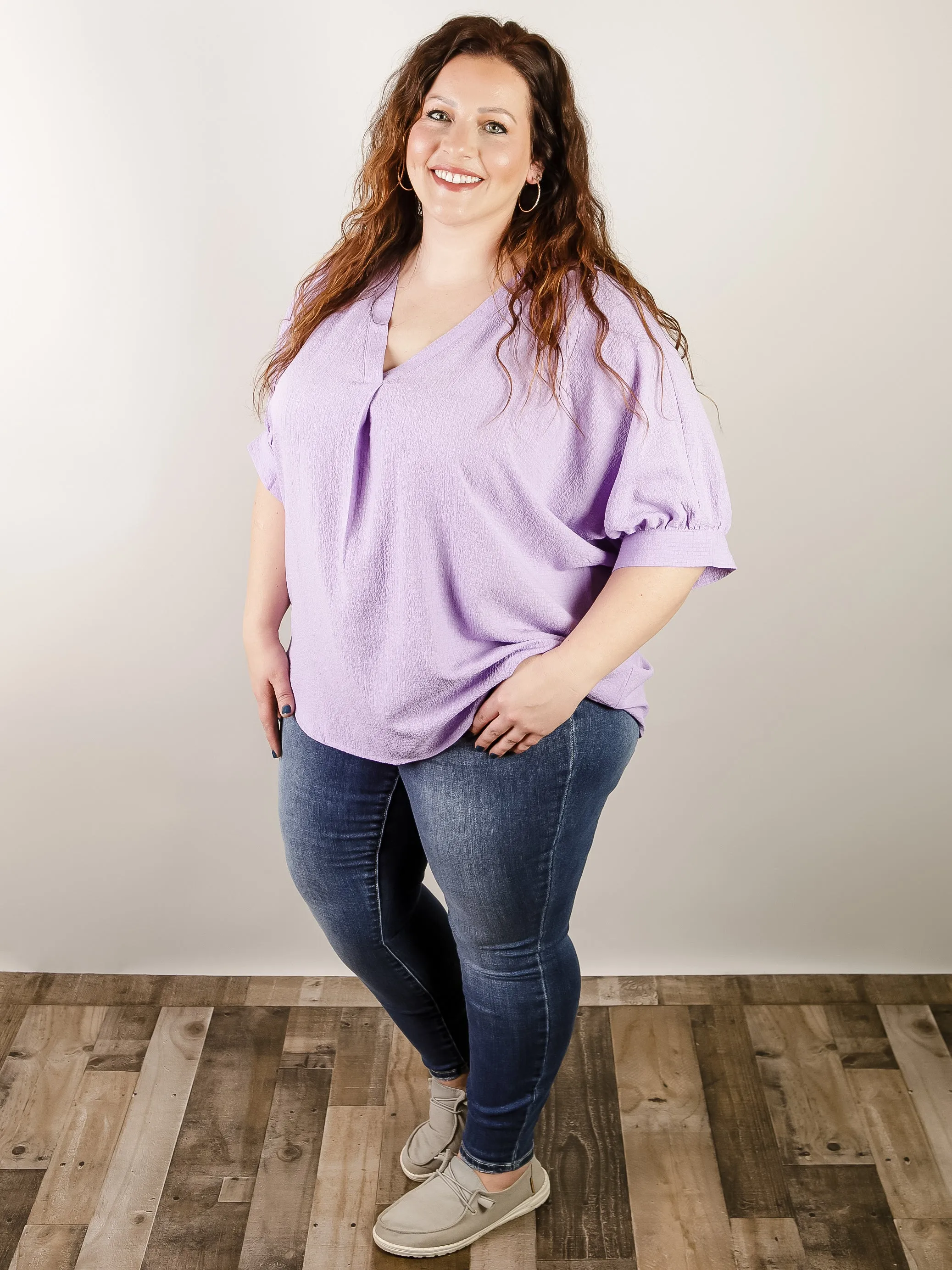 Curvy Lavender Solid V-Neck Blouse