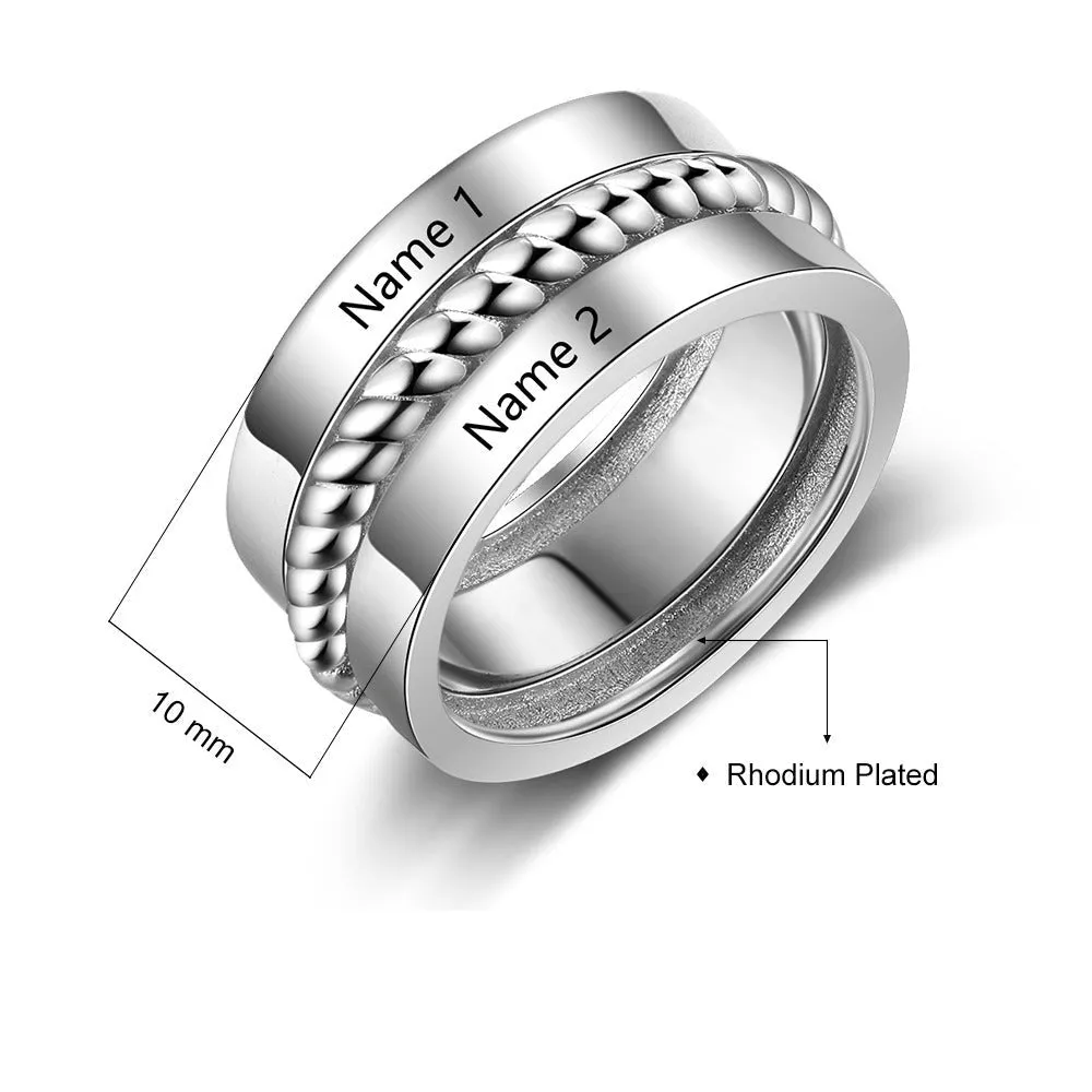 Customized 2 Names Wide Ring With Twisted Rope