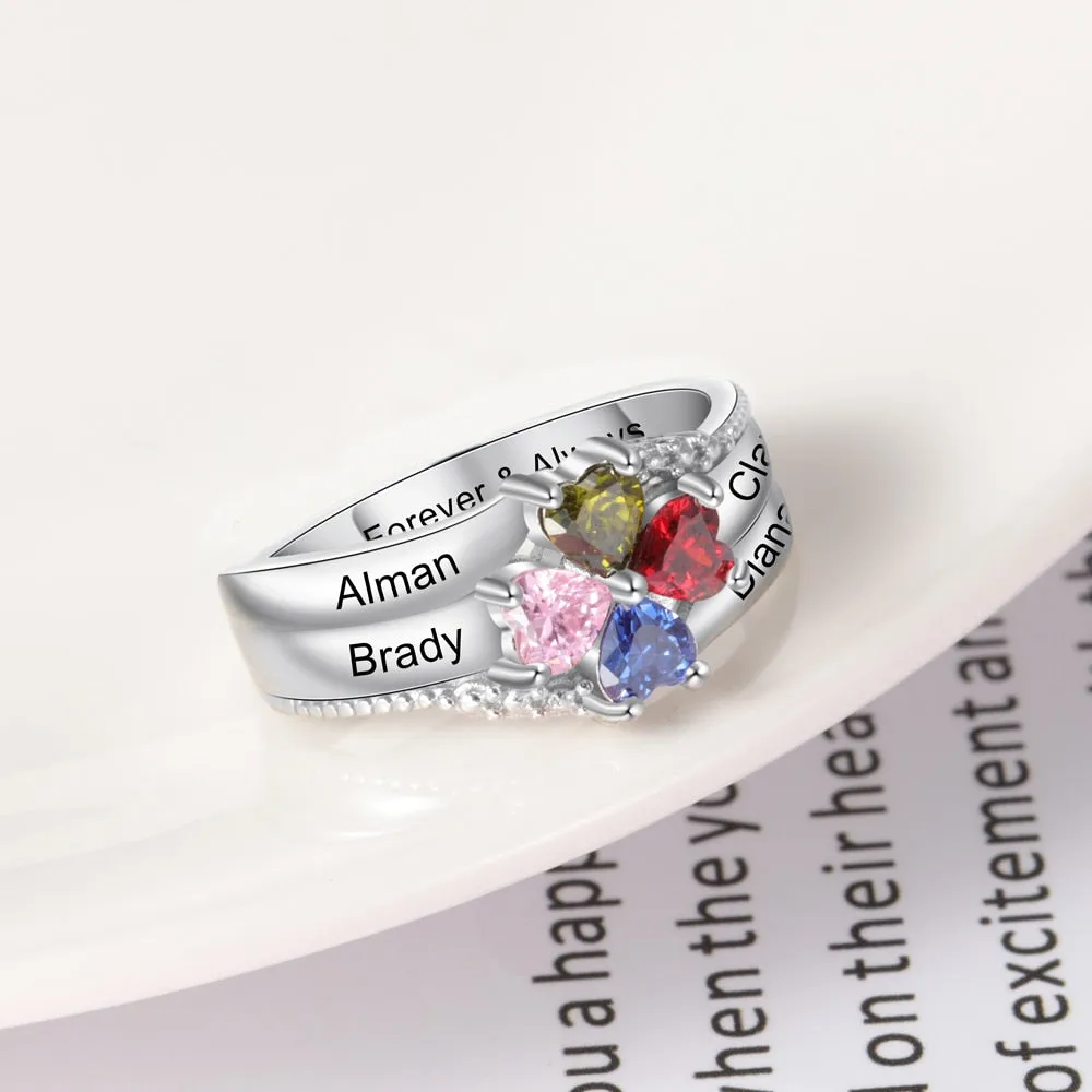 Customized Family Name Mothers Ring with 4 Heart Birthstones Silver Color Personalized Engraved Rings for Women Gifts