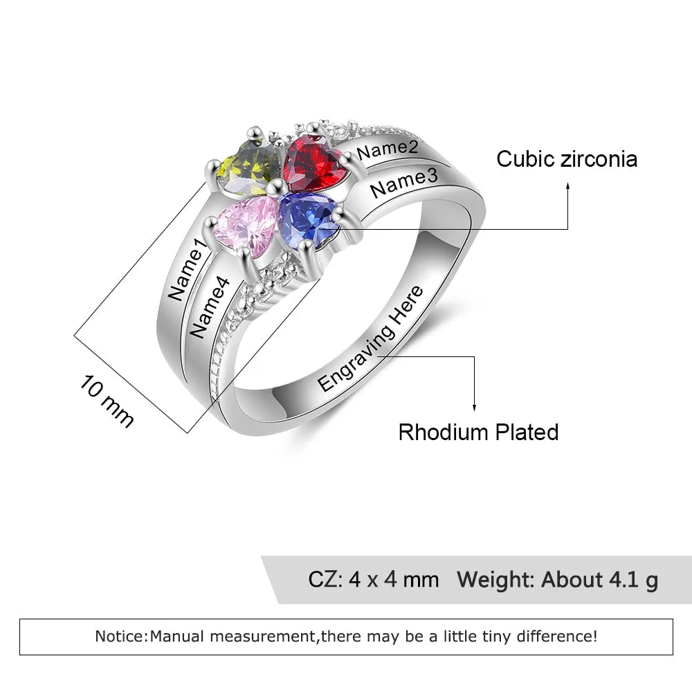 Customized Family Name Mothers Ring with 4 Heart Birthstones Silver Color Personalized Engraved Rings for Women Gifts